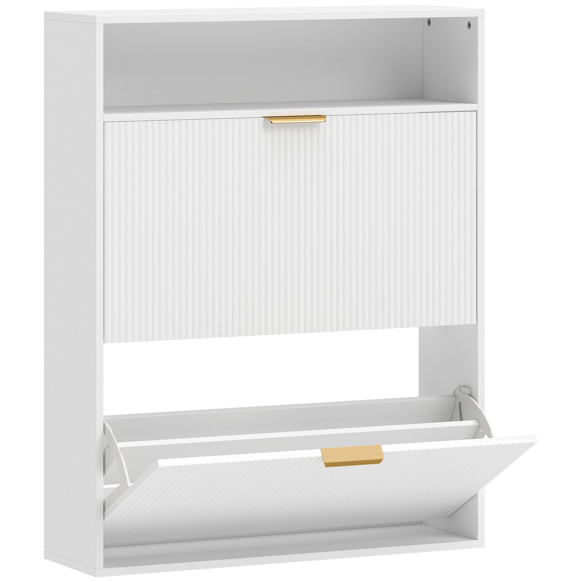 Slim Flip Shoe Cabinet — 2 Flip Compartments, Top Shelf, Holds 12–16 Pairs — White (31.5"x9.4"x40.4")