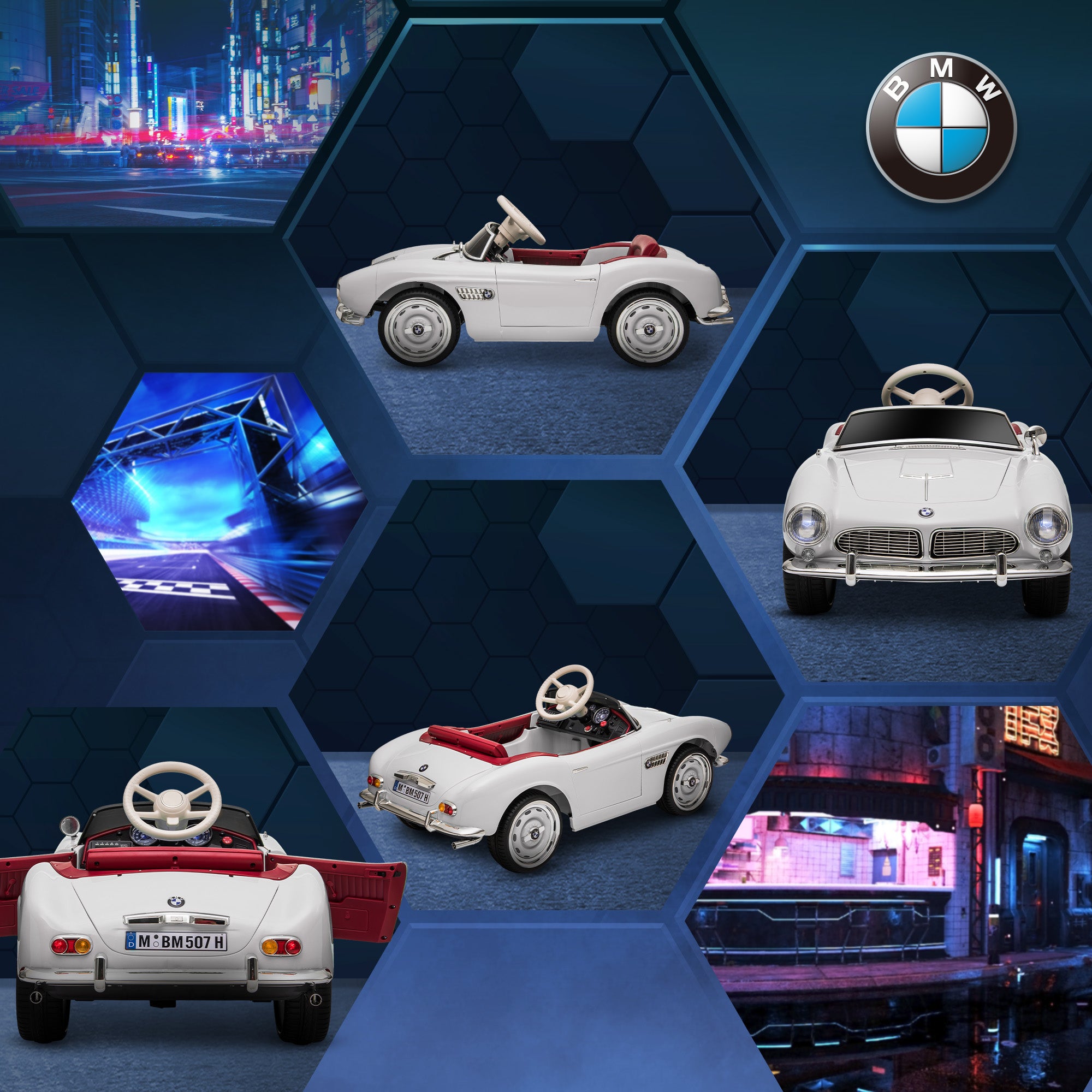 Electric Car for Kids, BMW 507 License, Retro Vintage Style, 12V, max. 5 km/h, Remote Control, Sound and Light Effects, White