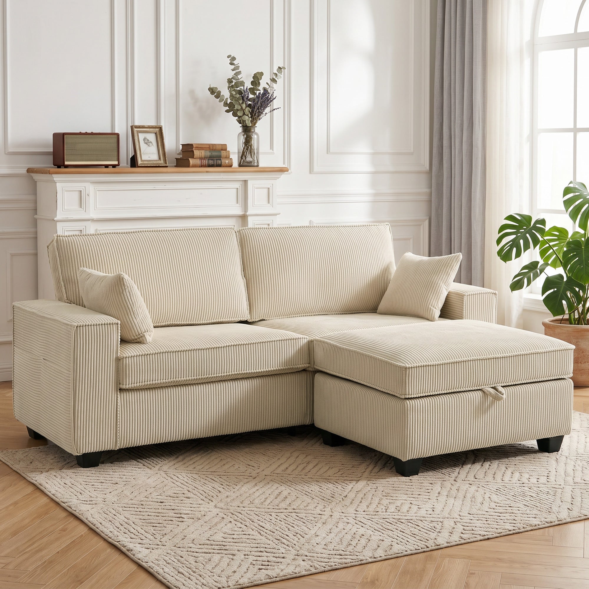 L-Shaped 3-Seater Corner Sofa with Storage Ottoman, Corduroy Upholstery, Wide Seating & 2 Cushions — Beige