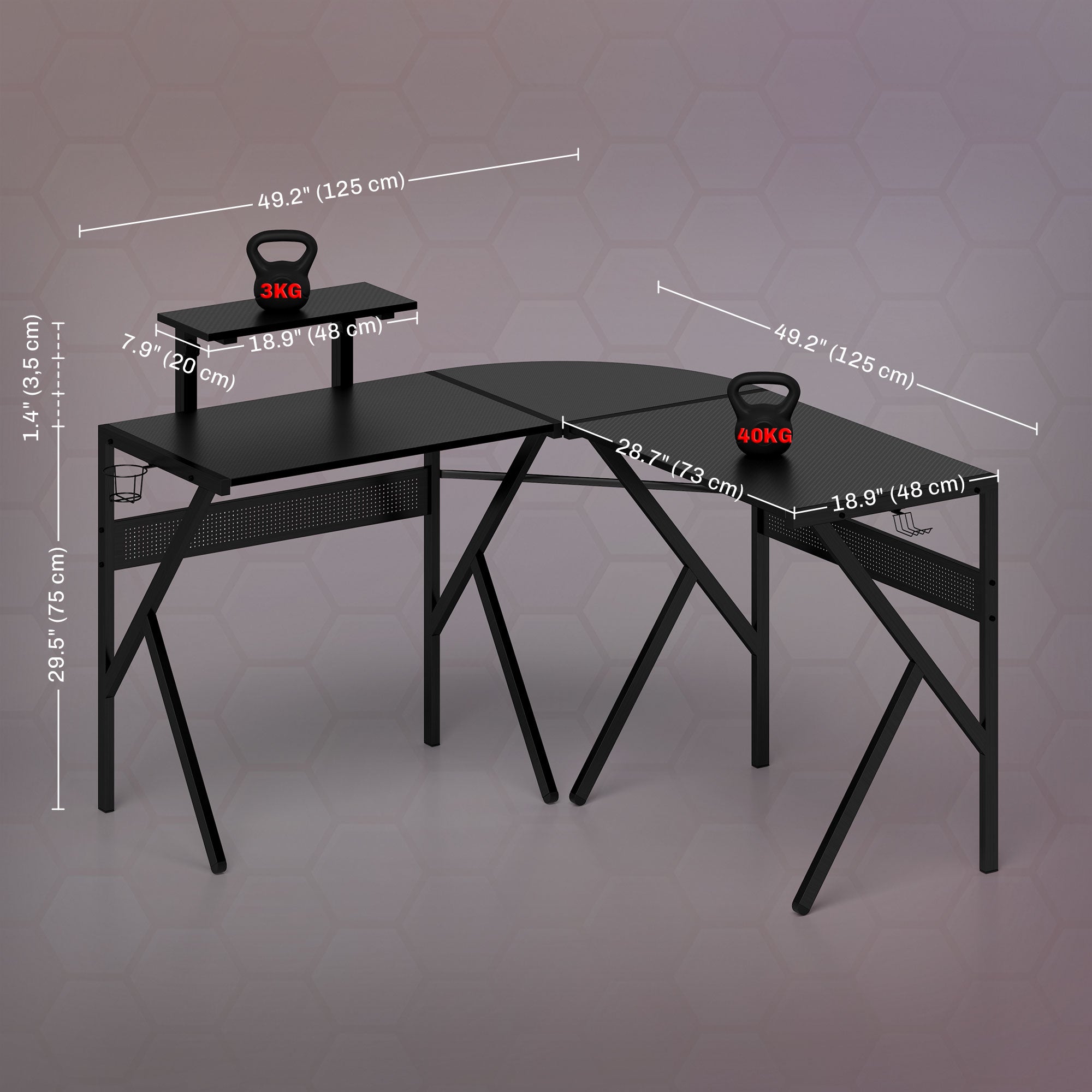 Gaming Desk L-Shaped Corner Gamer Desk 125 x 125 cm with Carbon Fiber Desktop, Screen Stand Cup Holder and Headset Hook, Black