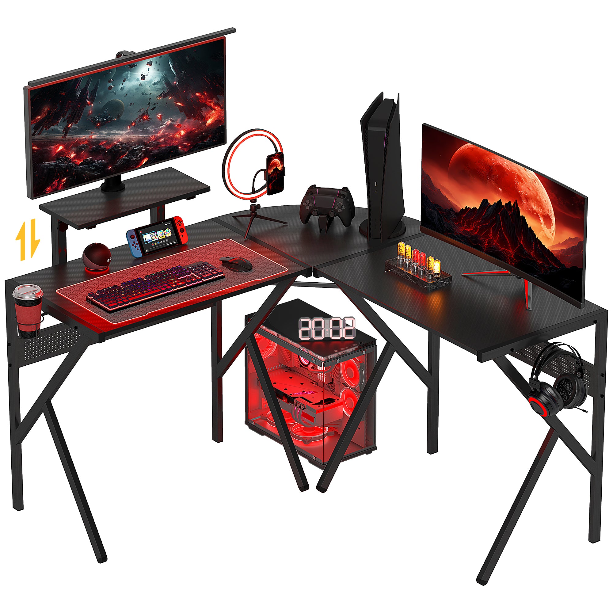 Gaming Desk L-Shaped Corner Gamer Desk 125 x 125 cm with Carbon Fiber Desktop, Screen Stand Cup Holder and Headset Hook, Black