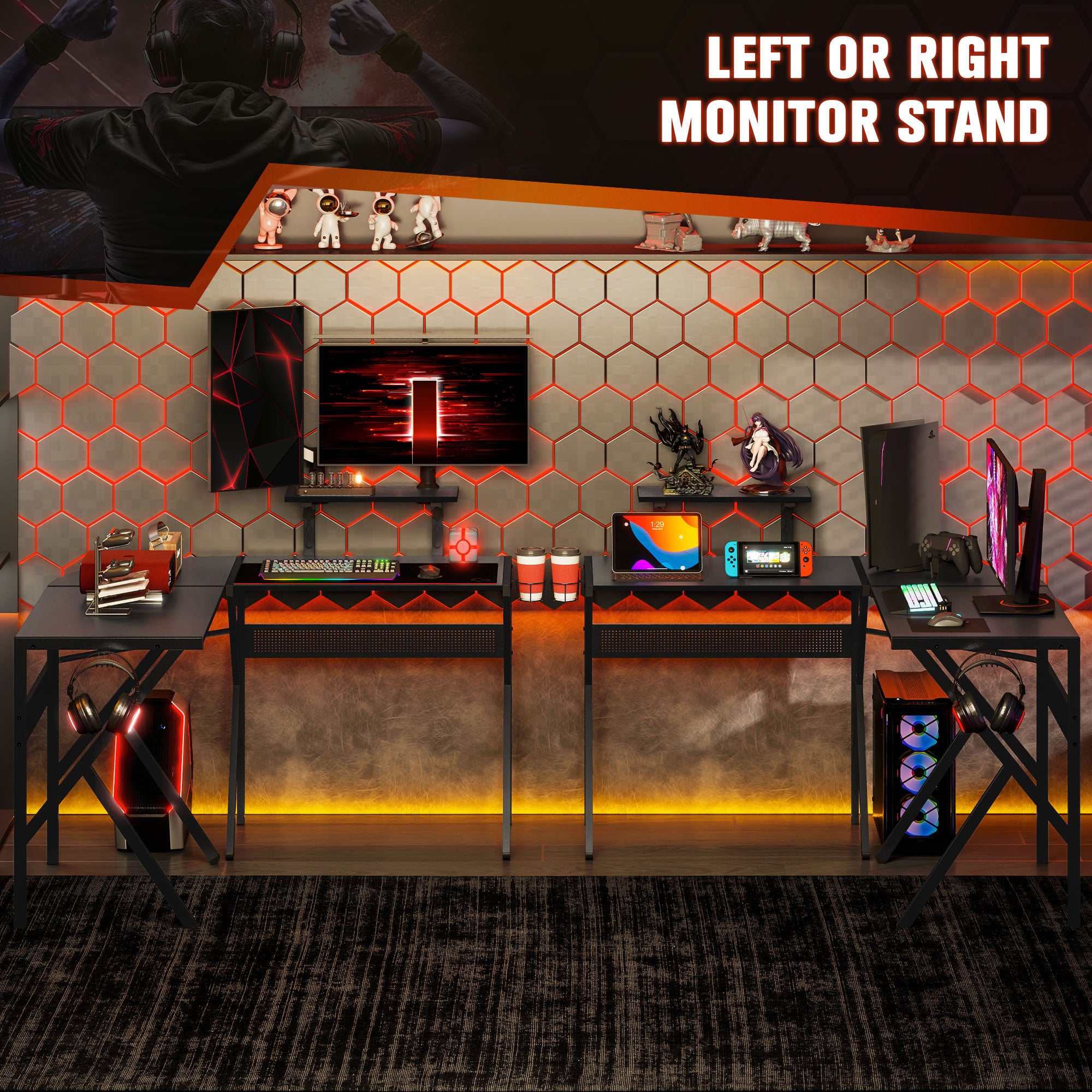 Gaming Desk L-Shaped Corner Gamer Desk 125 x 125 cm with Carbon Fiber Desktop, Screen Stand Cup Holder and Headset Hook, Black