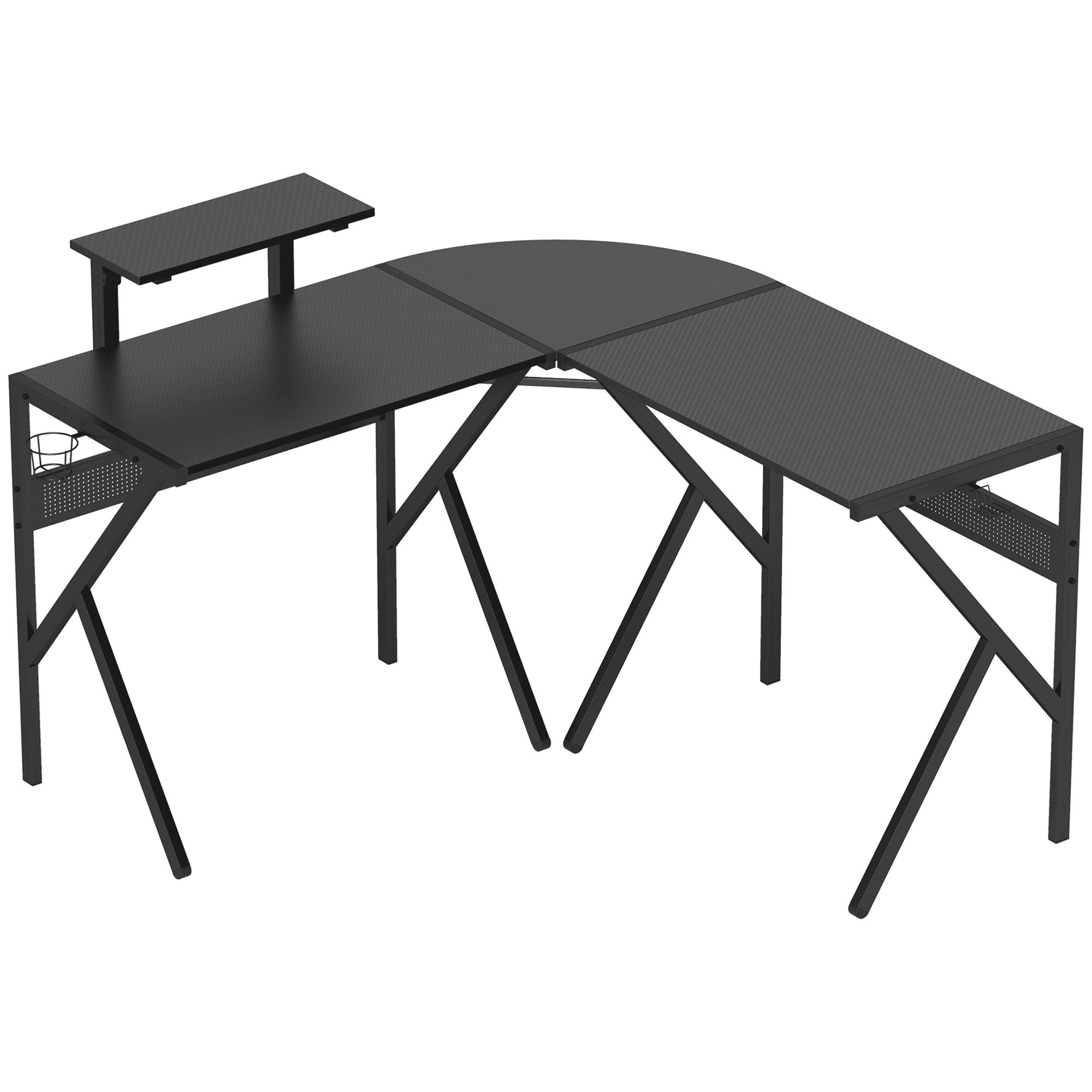 Gaming Desk L-Shaped Corner Gamer Desk 125 x 125 cm with Carbon Fiber Desktop, Screen Stand Cup Holder and Headset Hook, Black