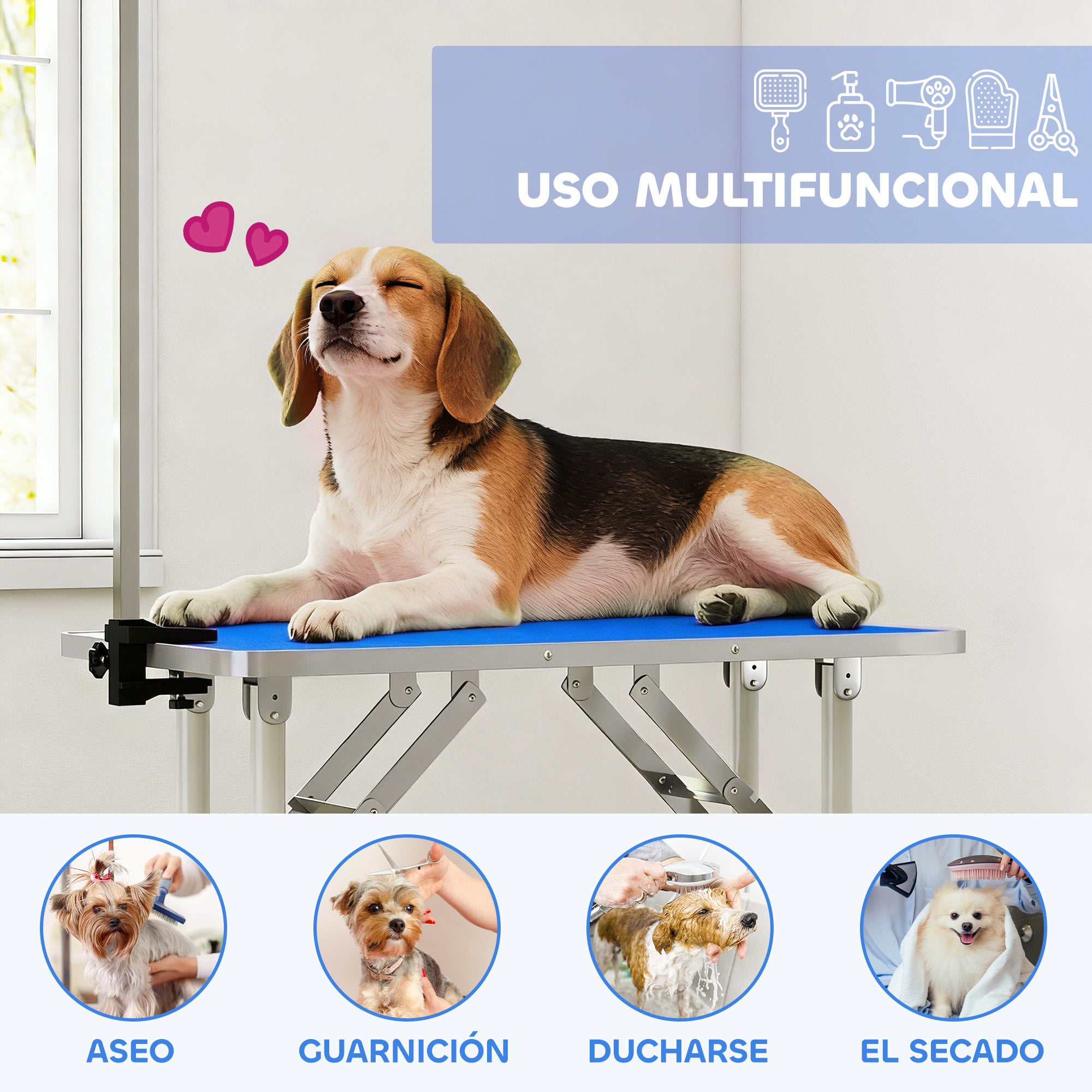 Folding Dog Grooming Table, Non-Slip Top, Adjustable Stainless Steel Arm, for Small & Medium Dogs, 32 x 19 x 31.5 in, Blue