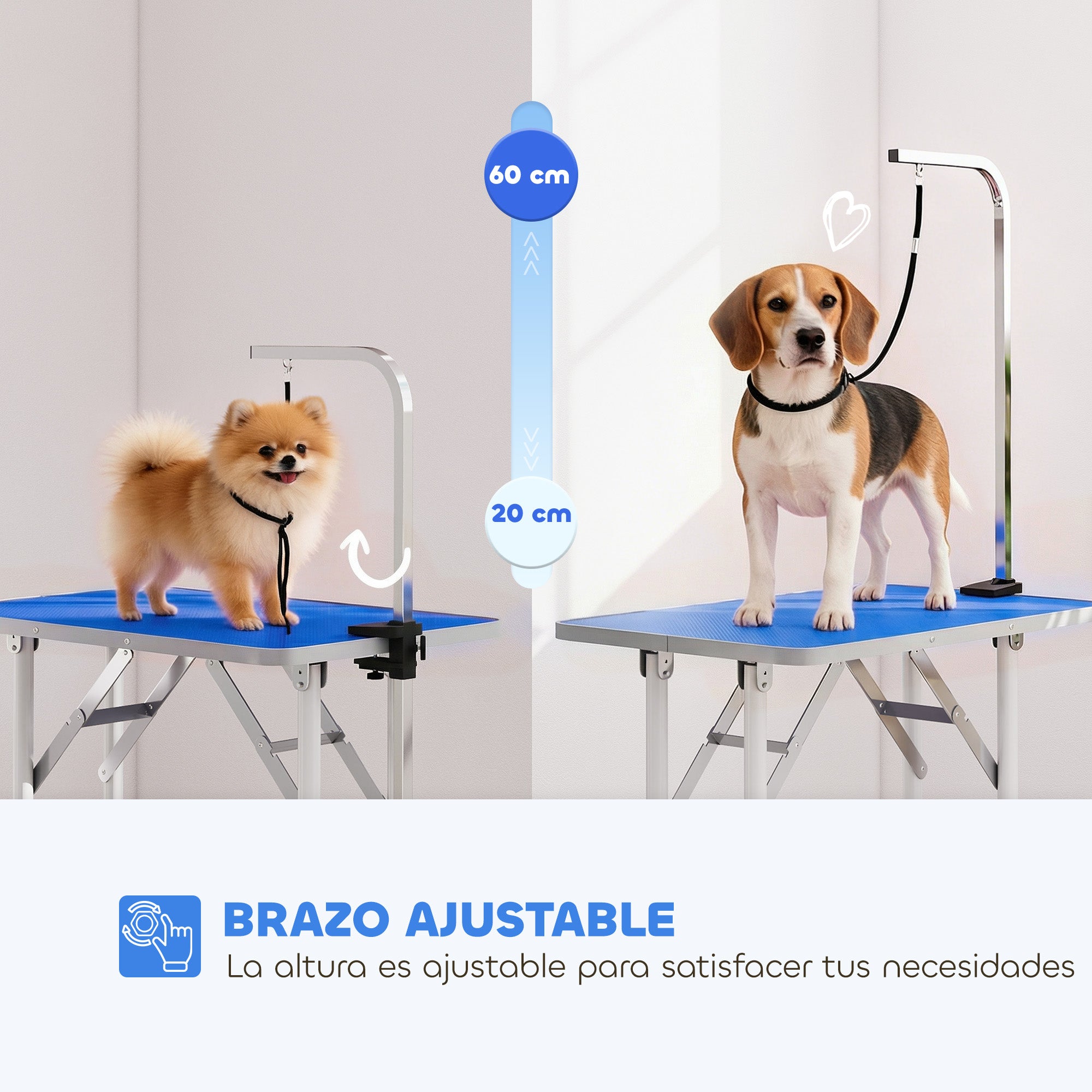 Folding Dog Grooming Table, Non-Slip Top, Adjustable Stainless Steel Arm, for Small & Medium Dogs, 32 x 19 x 31.5 in, Blue