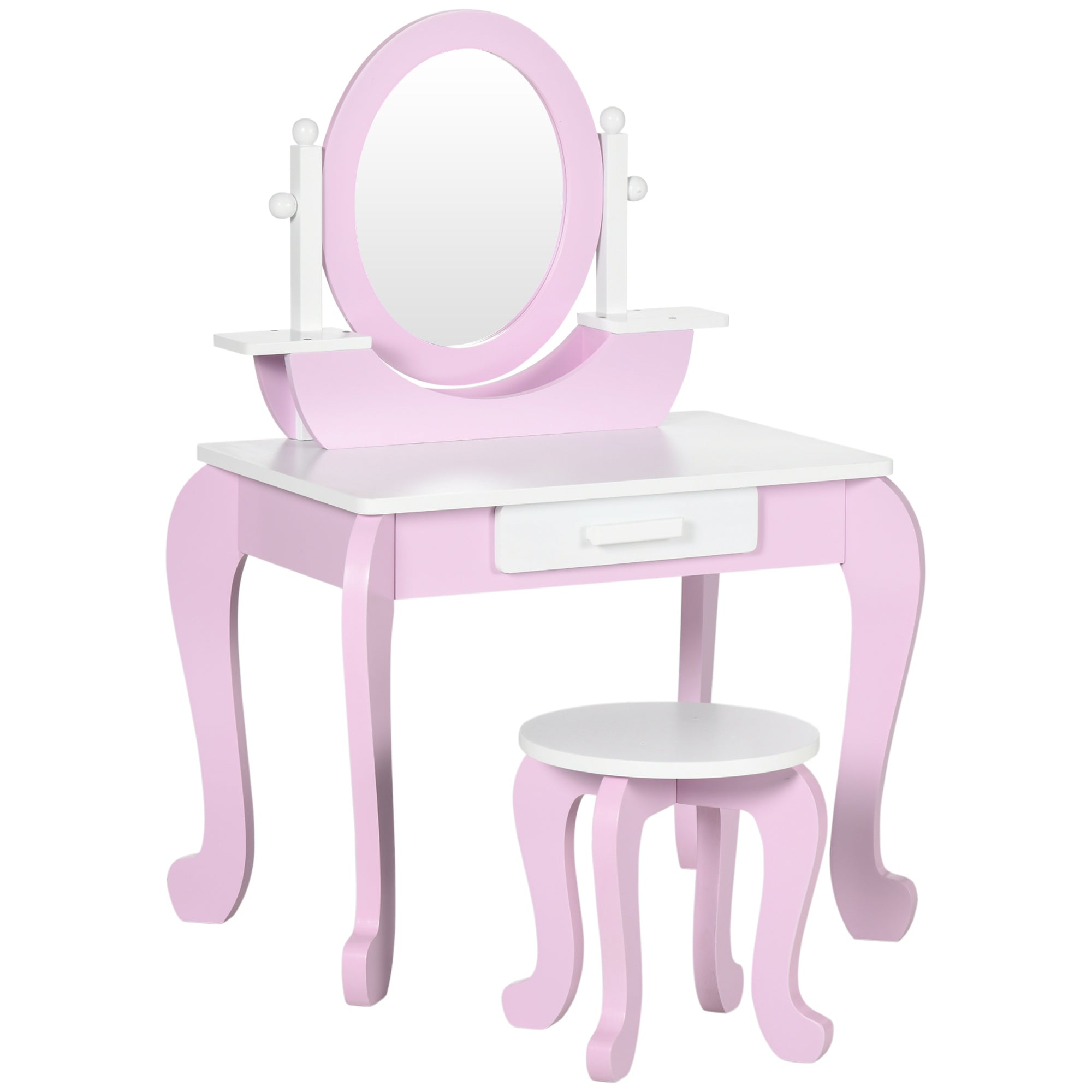 ZONEKIZ Girls Vanity with Stool and Mirror Childrens Wooden Vanity with Drawer Beauty Center Makeup Table for Girls 3-6 Years 65.5x46x93 cm Pink