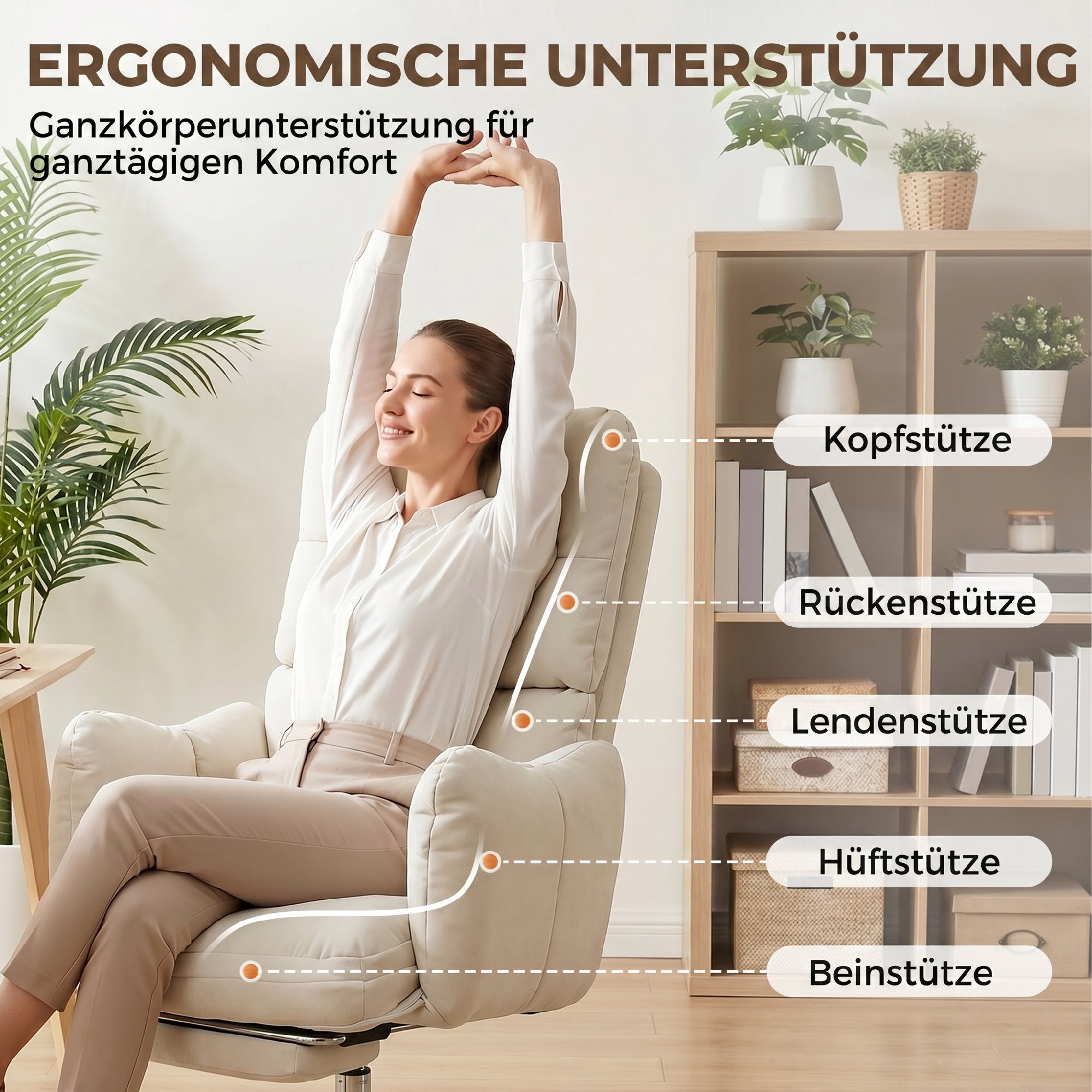 Ergonomic Office Chair with Footrest — Snow-White Flannel, Thick Padding, High Back, Height Adjustable, Cream White
