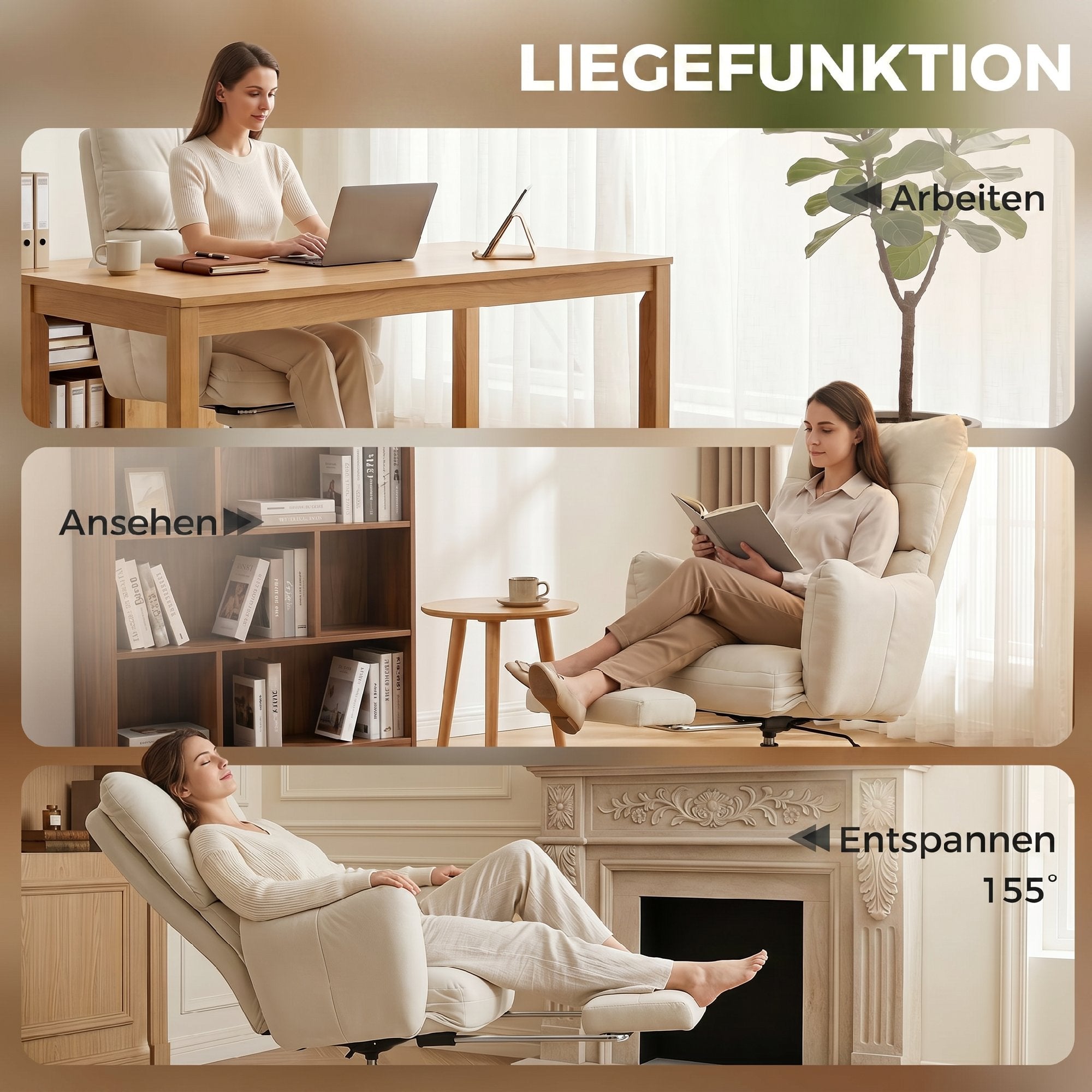 Ergonomic Office Chair with Footrest — Snow-White Flannel, Thick Padding, High Back, Height Adjustable, Cream White