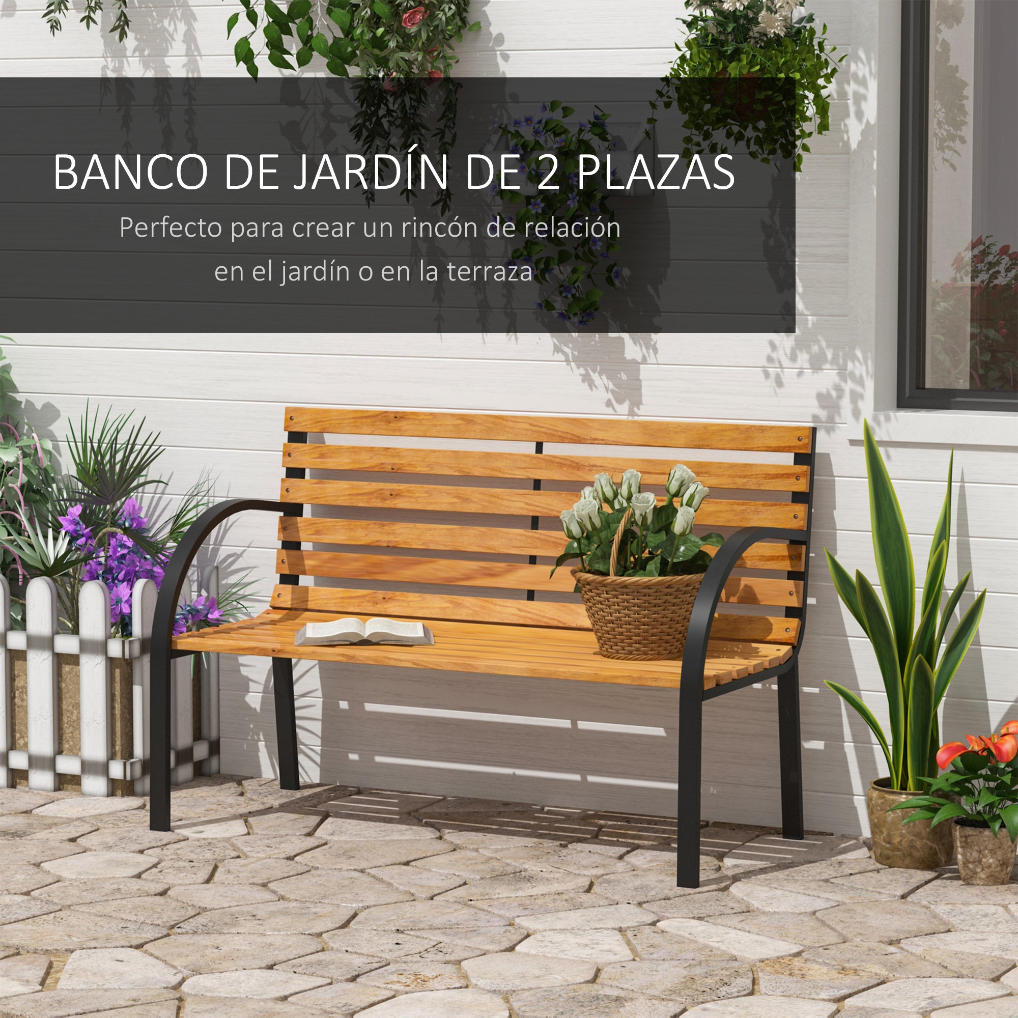 2-Seater Wooden Garden Bench 122x60x83 cm with Backrest and Armrests Slats and Steel Frame Load 220 kg Natural and Black Color