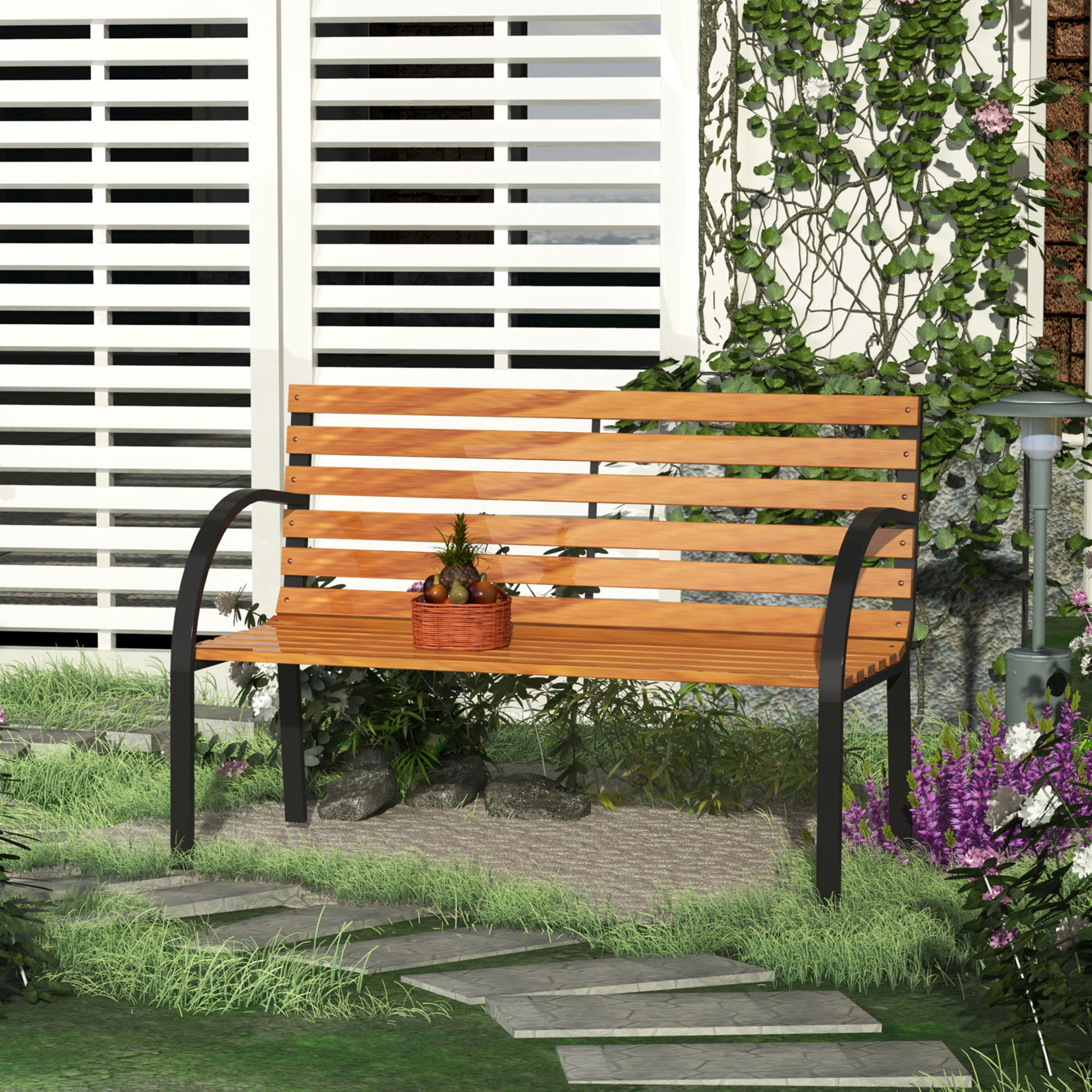2-Seater Wooden Garden Bench 122x60x83 cm with Backrest and Armrests Slats and Steel Frame Load 220 kg Natural and Black Color