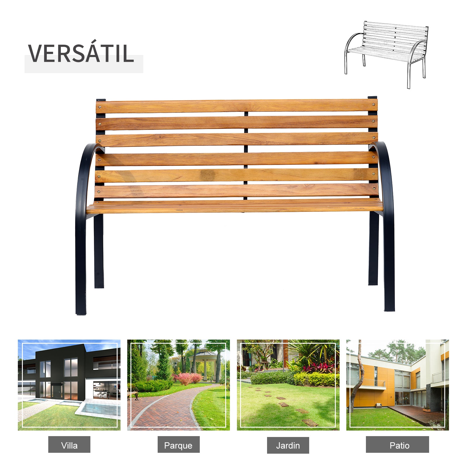 2-Seater Wooden Garden Bench 122x60x83 cm with Backrest and Armrests Slats and Steel Frame Load 220 kg Natural and Black Color