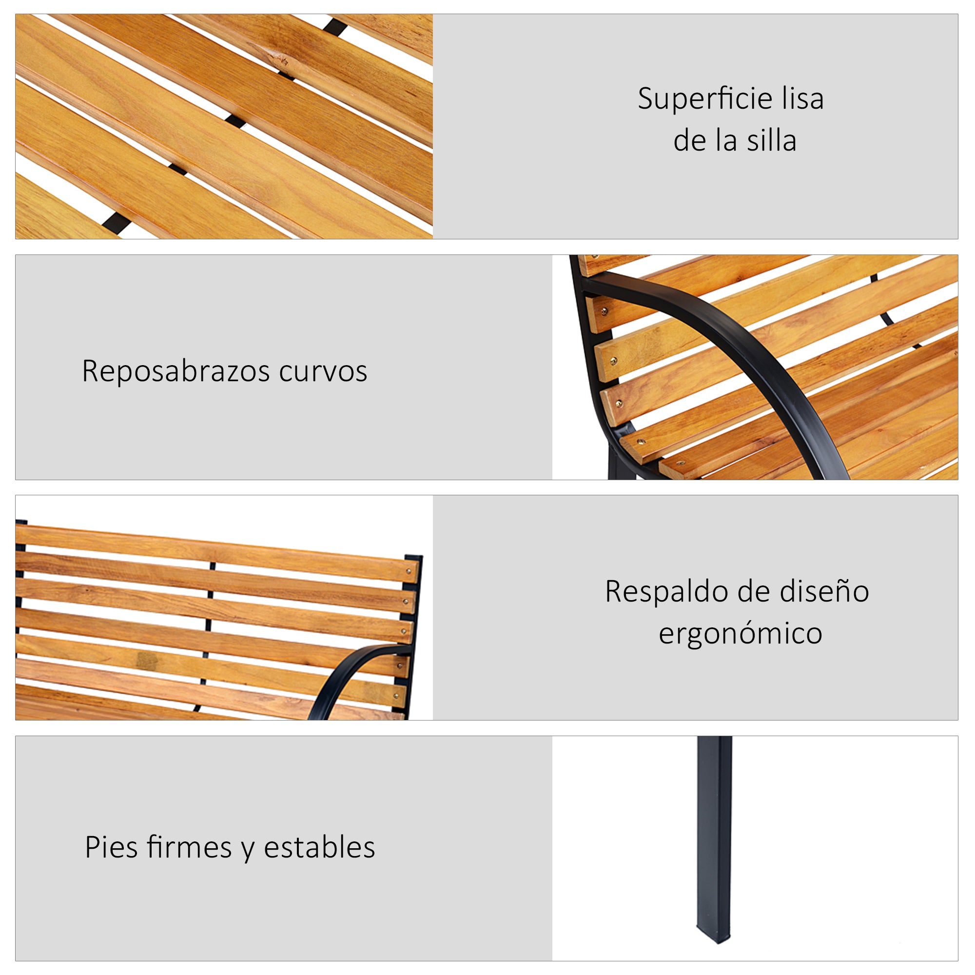 2-Seater Wooden Garden Bench 122x60x83 cm with Backrest and Armrests Slats and Steel Frame Load 220 kg Natural and Black Color