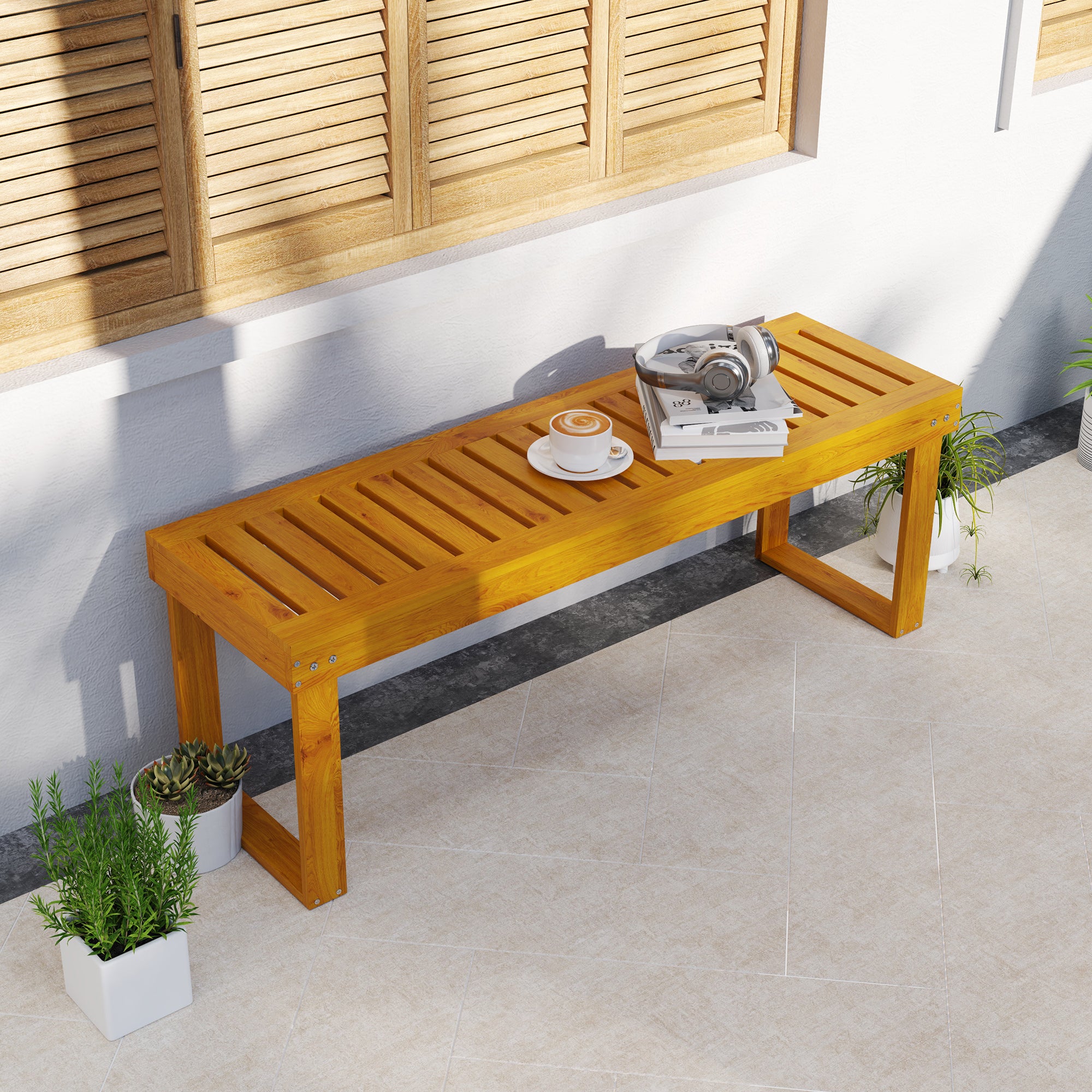 2-Seater Wooden Garden Bench Slatted Seat 300 kg Load Capacity Bench for Patio Terrace 120x34x43 cm Teak