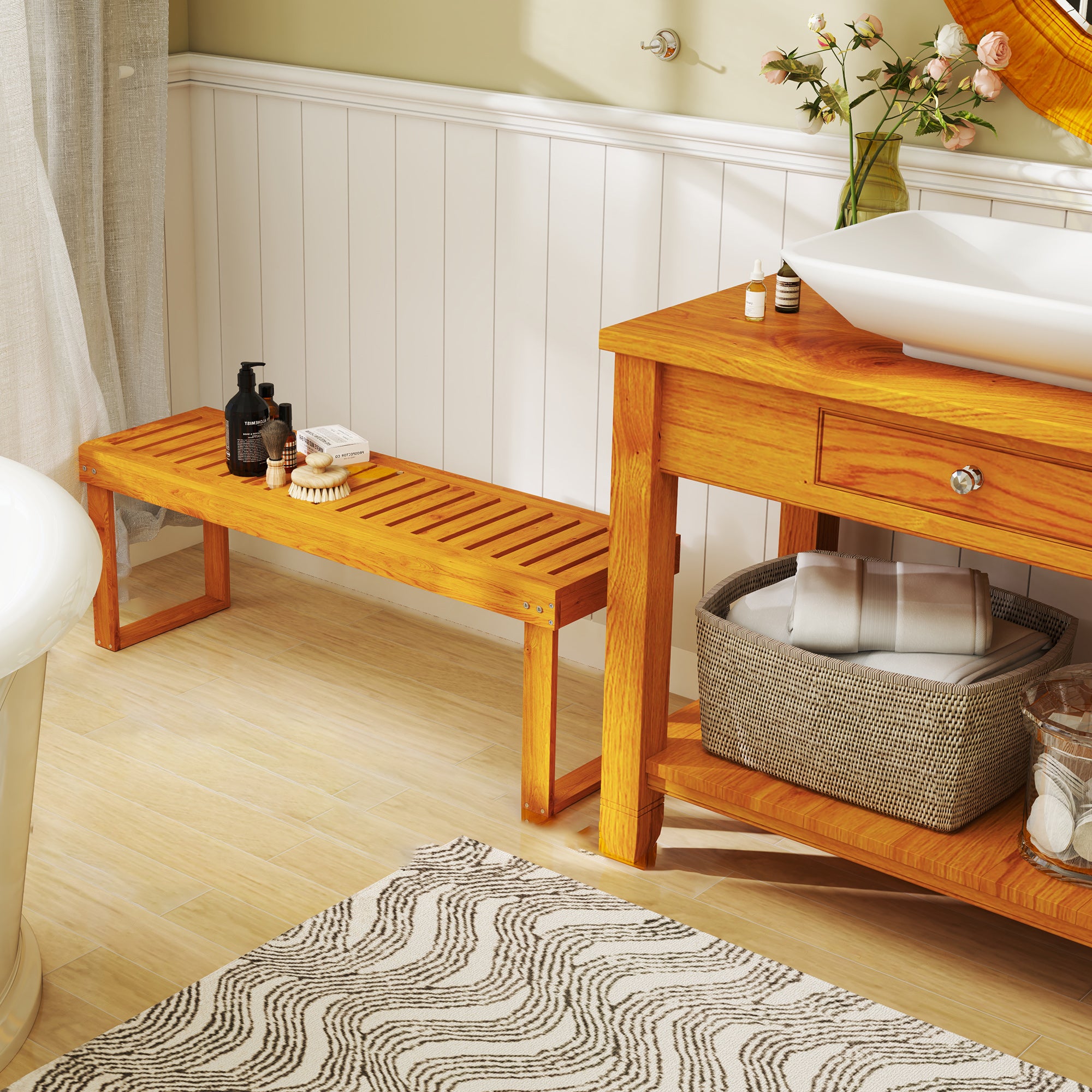 2-Seater Wooden Garden Bench Slatted Seat 300 kg Load Capacity Bench for Patio Terrace 120x34x43 cm Teak