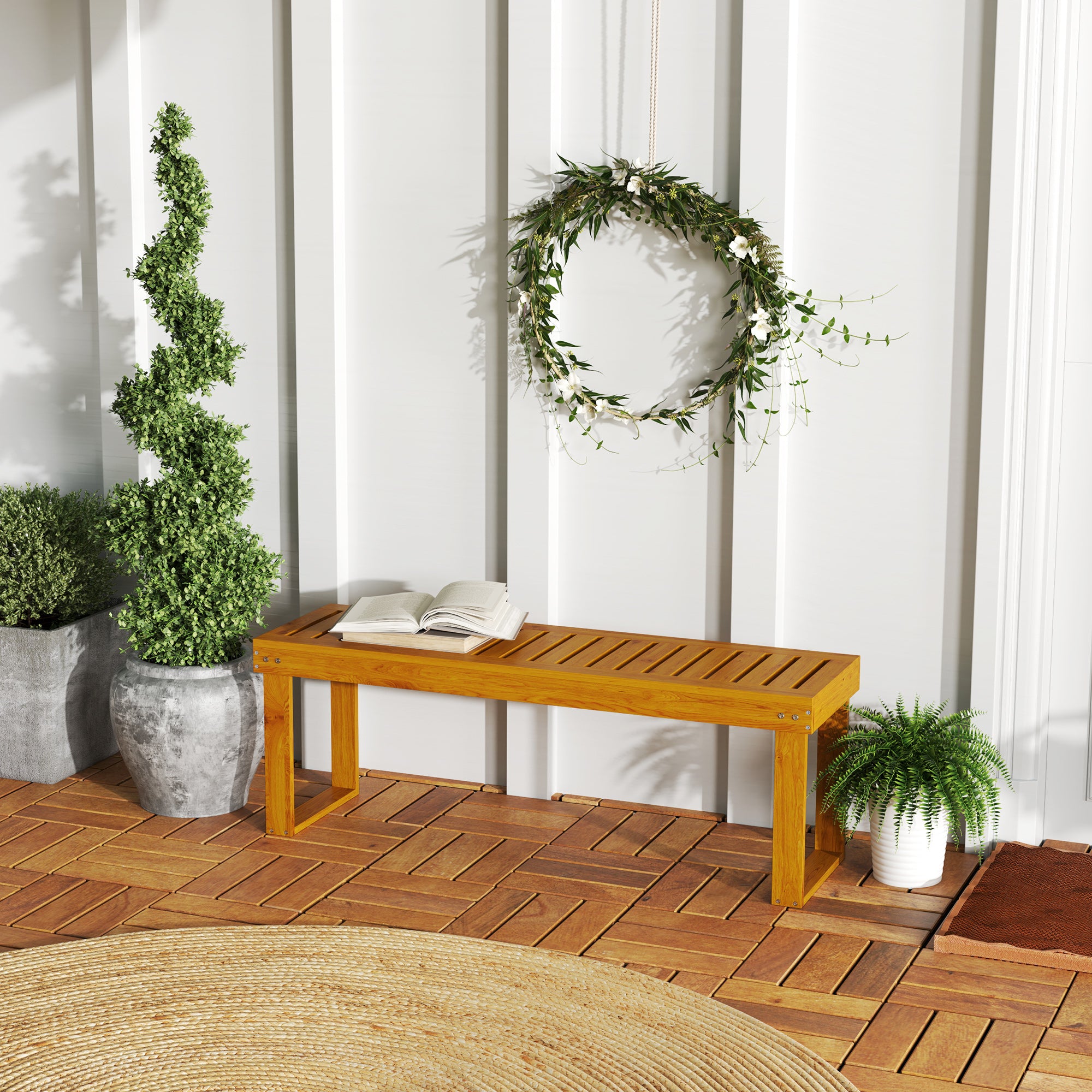 2-Seater Wooden Garden Bench Slatted Seat 300 kg Load Capacity Bench for Patio Terrace 120x34x43 cm Teak