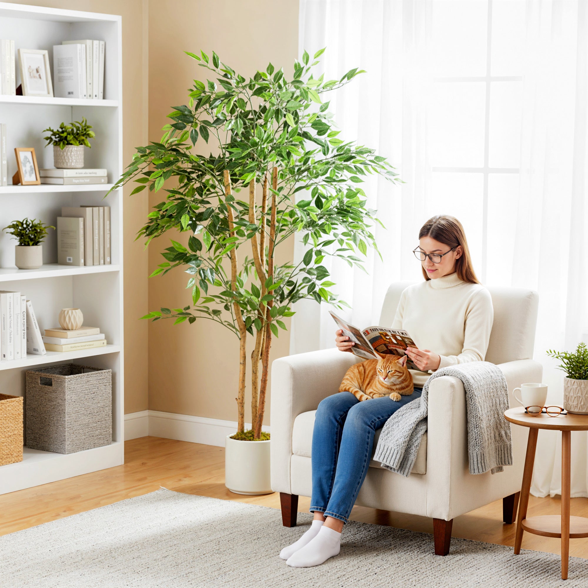 150 cm Artificial Banyan Tree for Indoor Use, Faux Greenery in Plastic Planter with Solid Wood Trunk — Home, Office, Living Room, Bedroom Decor