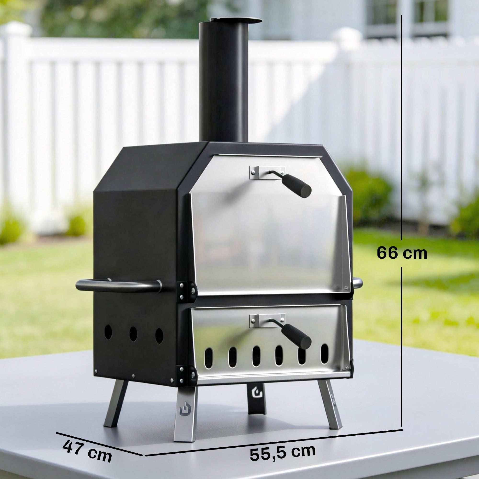Outdoor Wood-Fired Pizza Oven, Stainless Steel, 2-Tier with 1 cm Thick Pizza Stone, Folding Legs & Pizza Peel – Portable for Camping, Garden, Parties