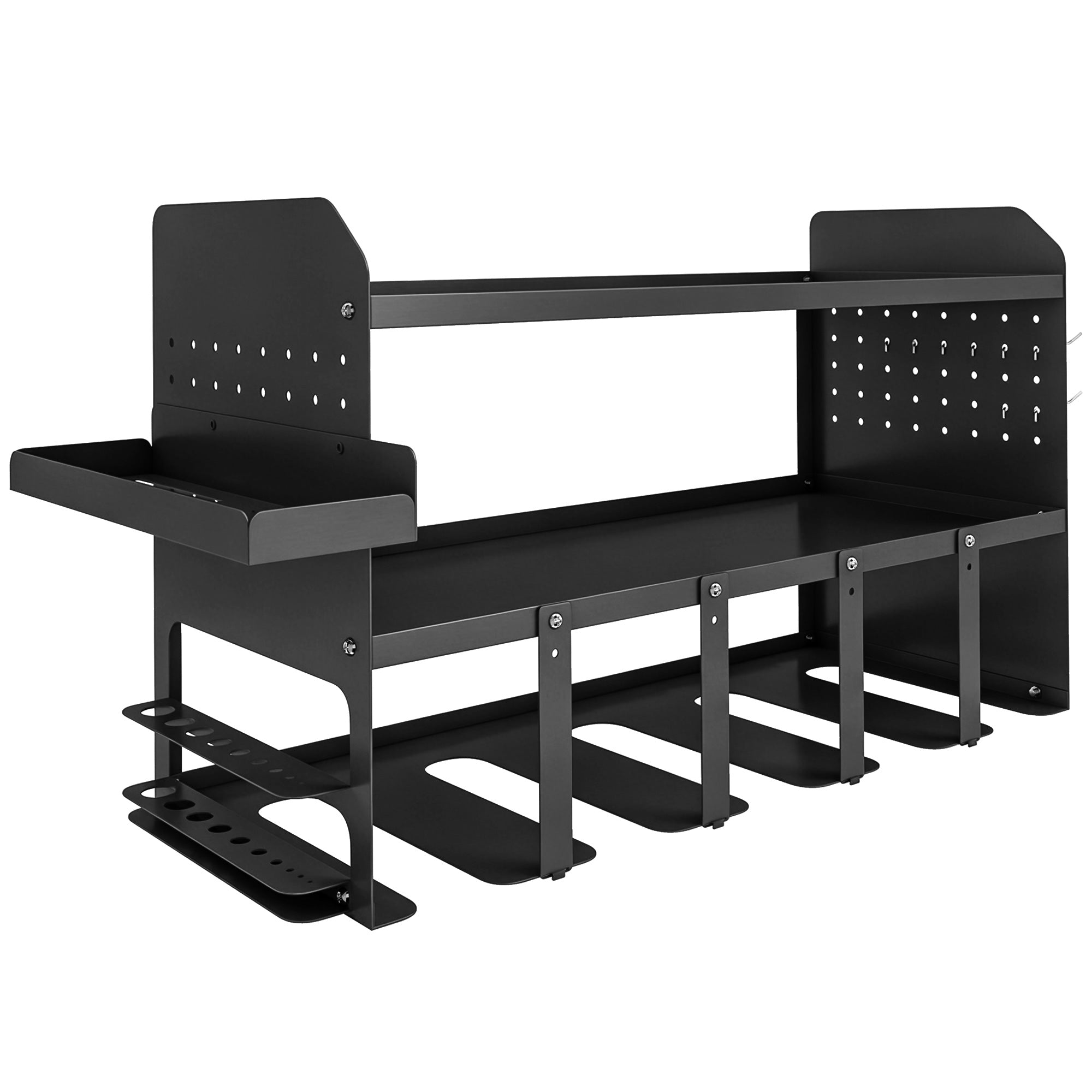 2-Tier Garden Tool Organizer — Wall-Mounted Rack with Hooks & Side Tray, Multi-Purpose Broom Holder for Garage & Shed, Holds up to 110 lb, 24.3 x 9.1 x 12.9 in, Black