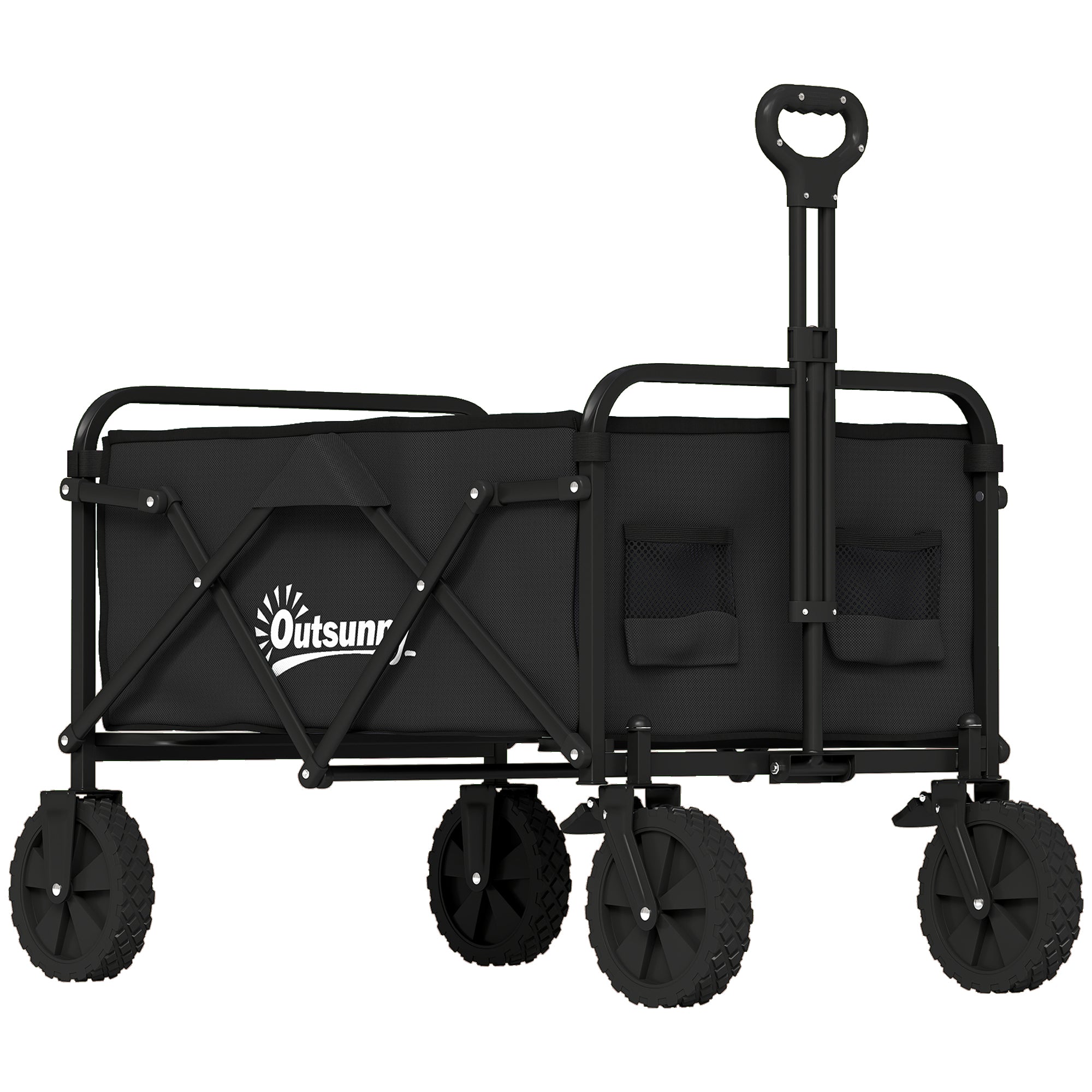 Folding Beach Wagon with Locking Large Wheels, Adjustable Handle, Cup Holder, Metal Frame — 176 lb Capacity, Black