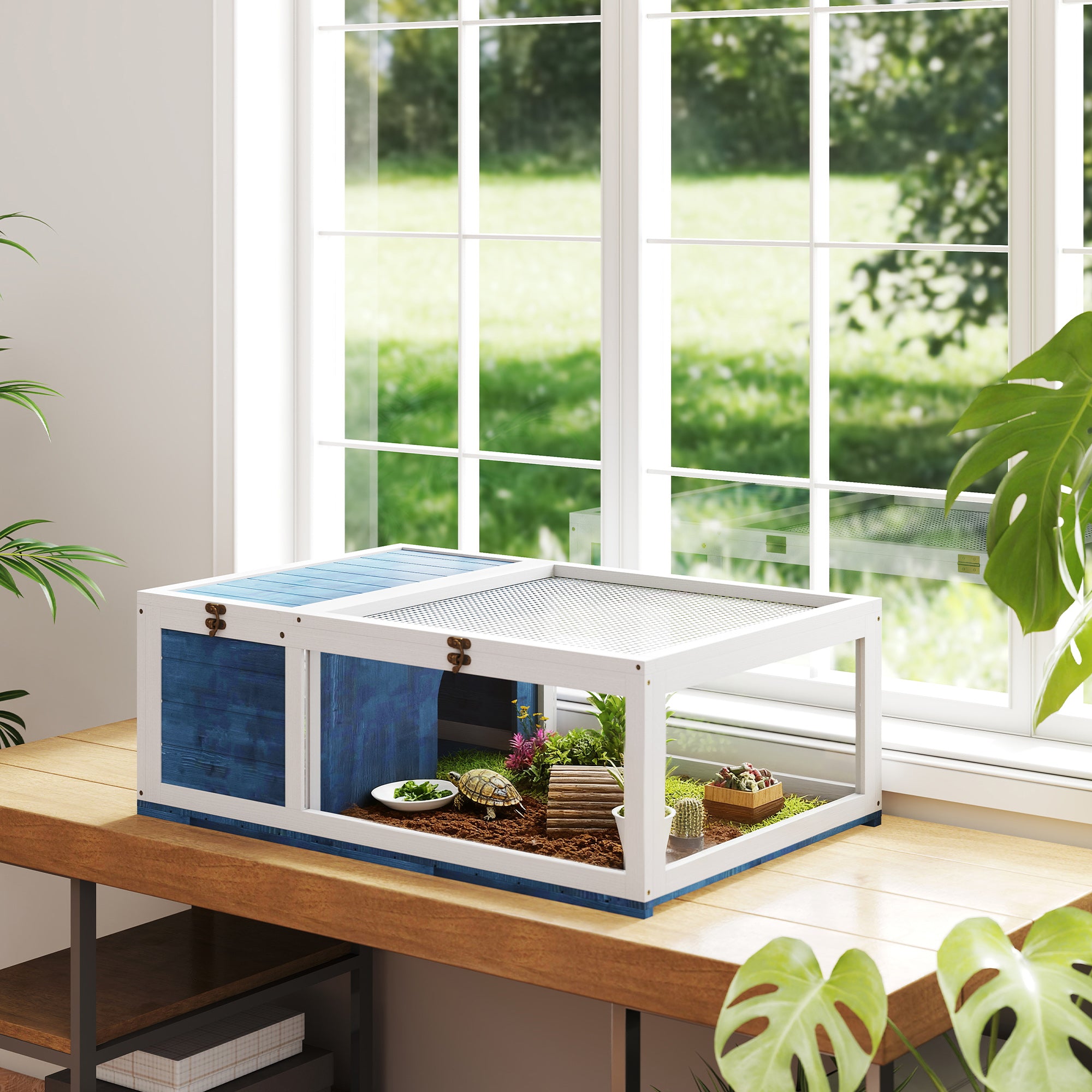 Tortoise House with Modular Space - 2-Zone Habitat, Hinged Roof & Sliding Tray - Indoor/Outdoor Wooden Enclosure for Reptiles, 35.8 x 23.8 x 12.6 in (91 x 60.5 x 32 cm) - Blue