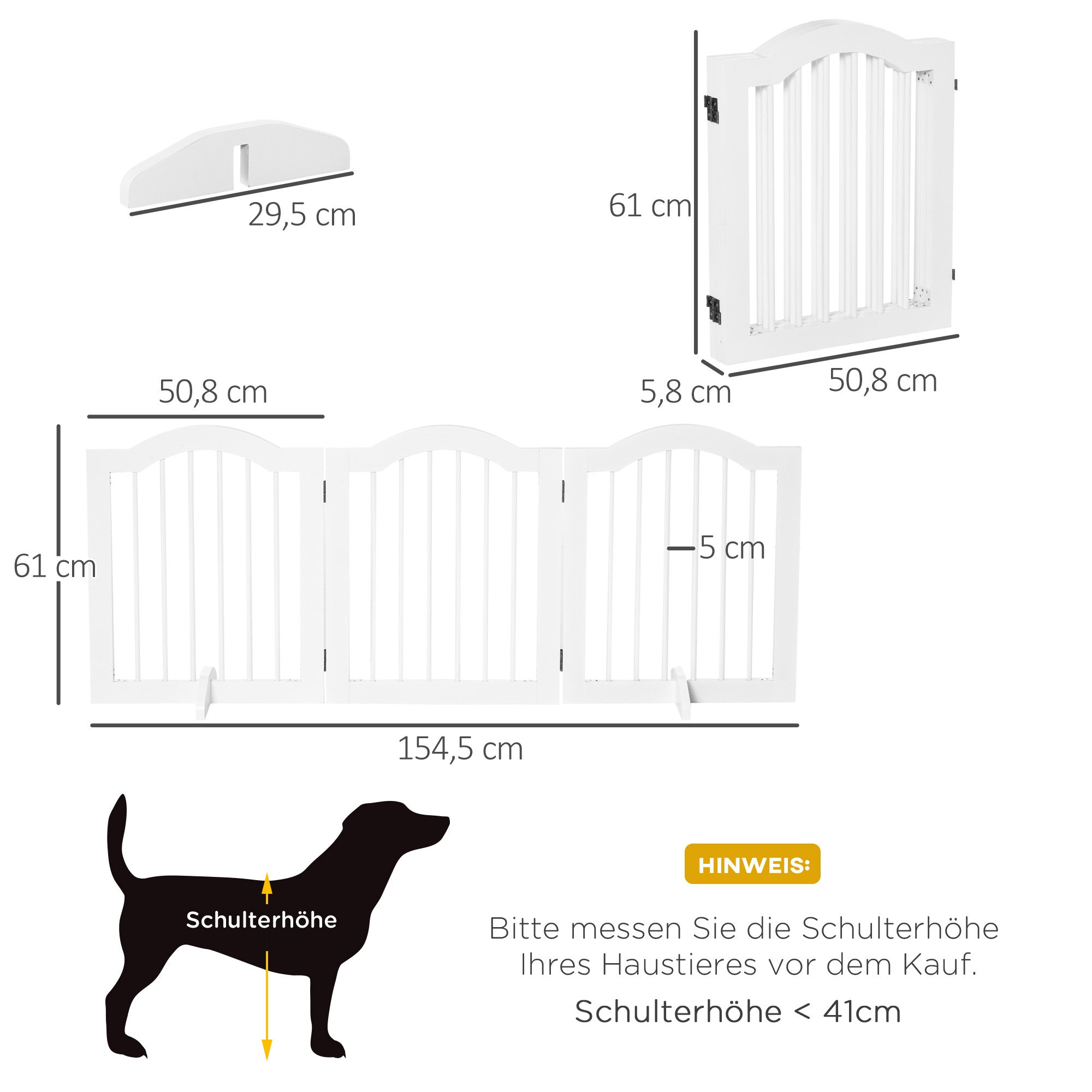 Dog Barrier 3-Panel, 154.5 x 61 cm Foldable Gate with Door, Door Guard with 2 Support Feet, Freestanding Stair Gate for Kitchen, Hallway, White