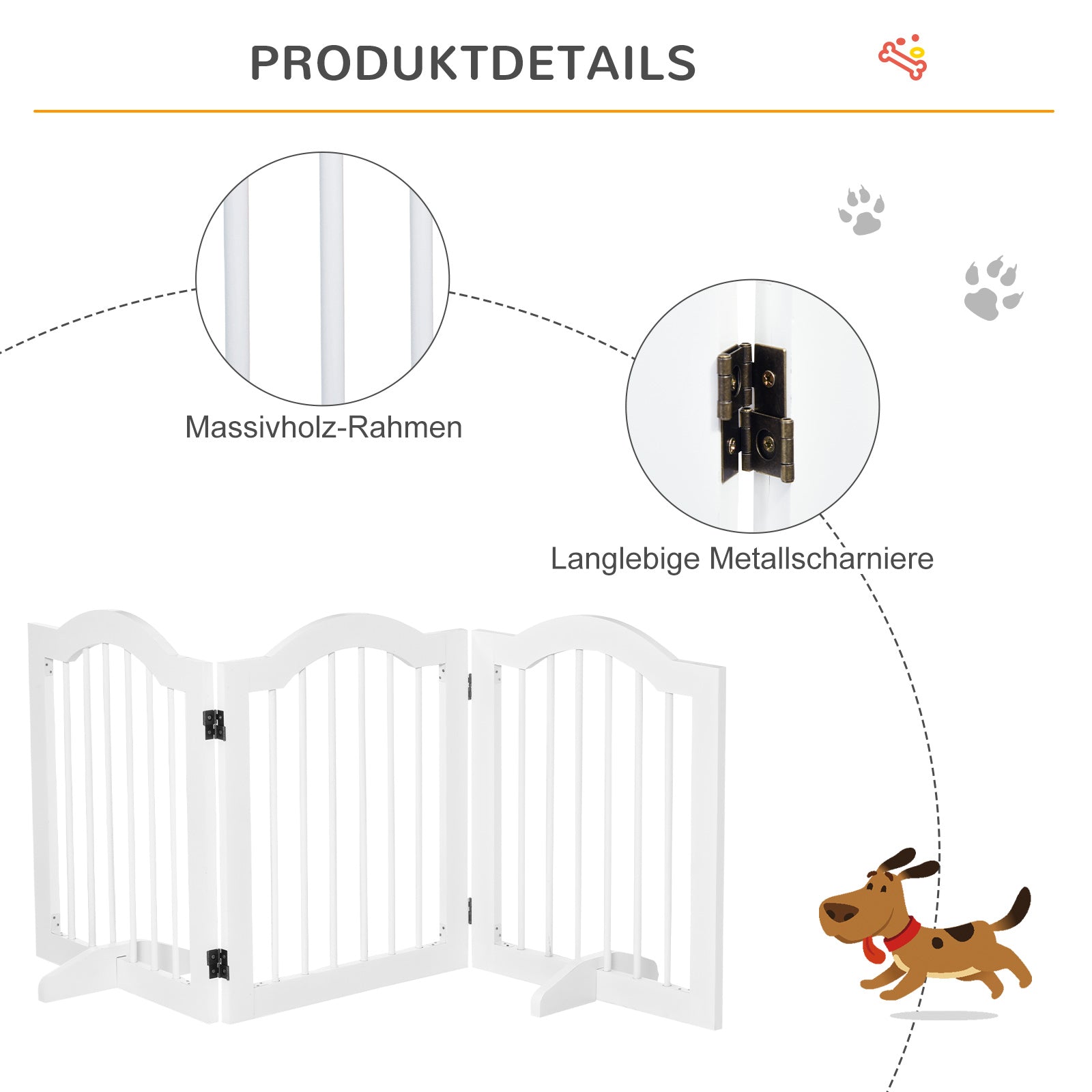 Dog Barrier 3-Panel, 154.5 x 61 cm Foldable Gate with Door, Door Guard with 2 Support Feet, Freestanding Stair Gate for Kitchen, Hallway, White