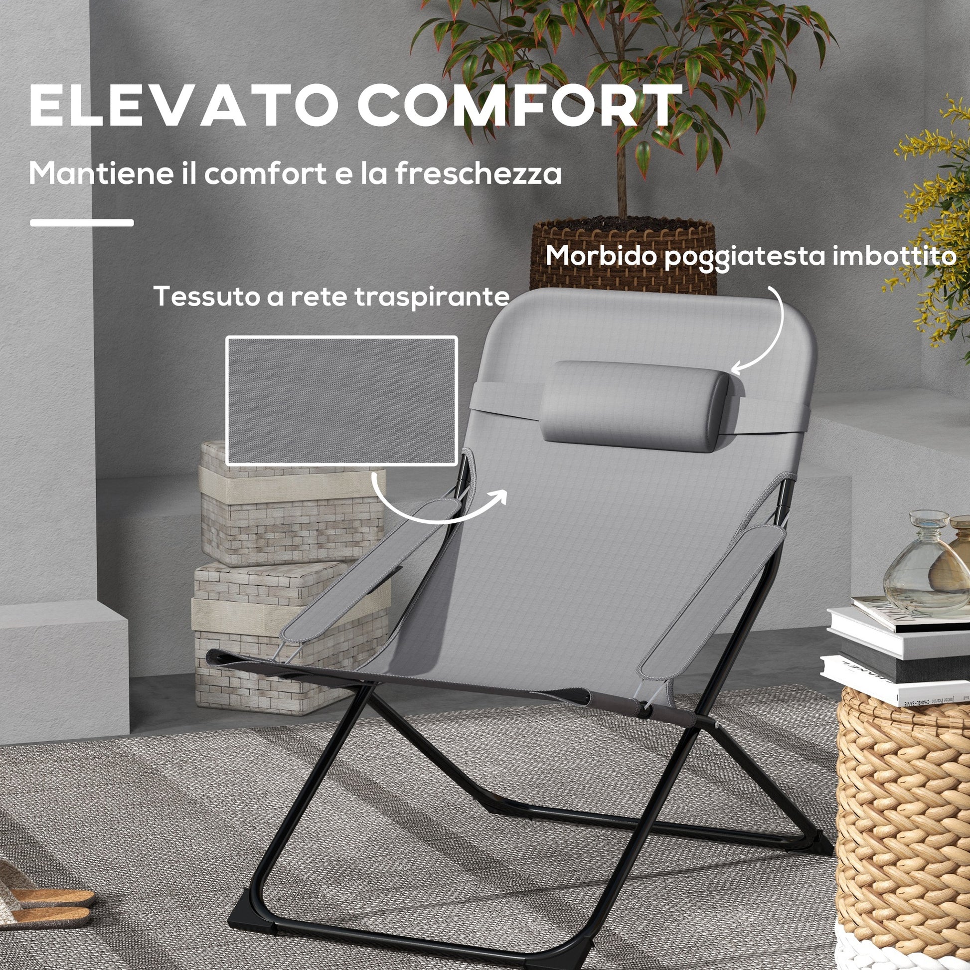 Reclining Garden Chair on 4 Levels with Headrest and Armrests, Folding Metal and Polyester Chair of 120kg max, 69x91x96 cm, Black and Gray