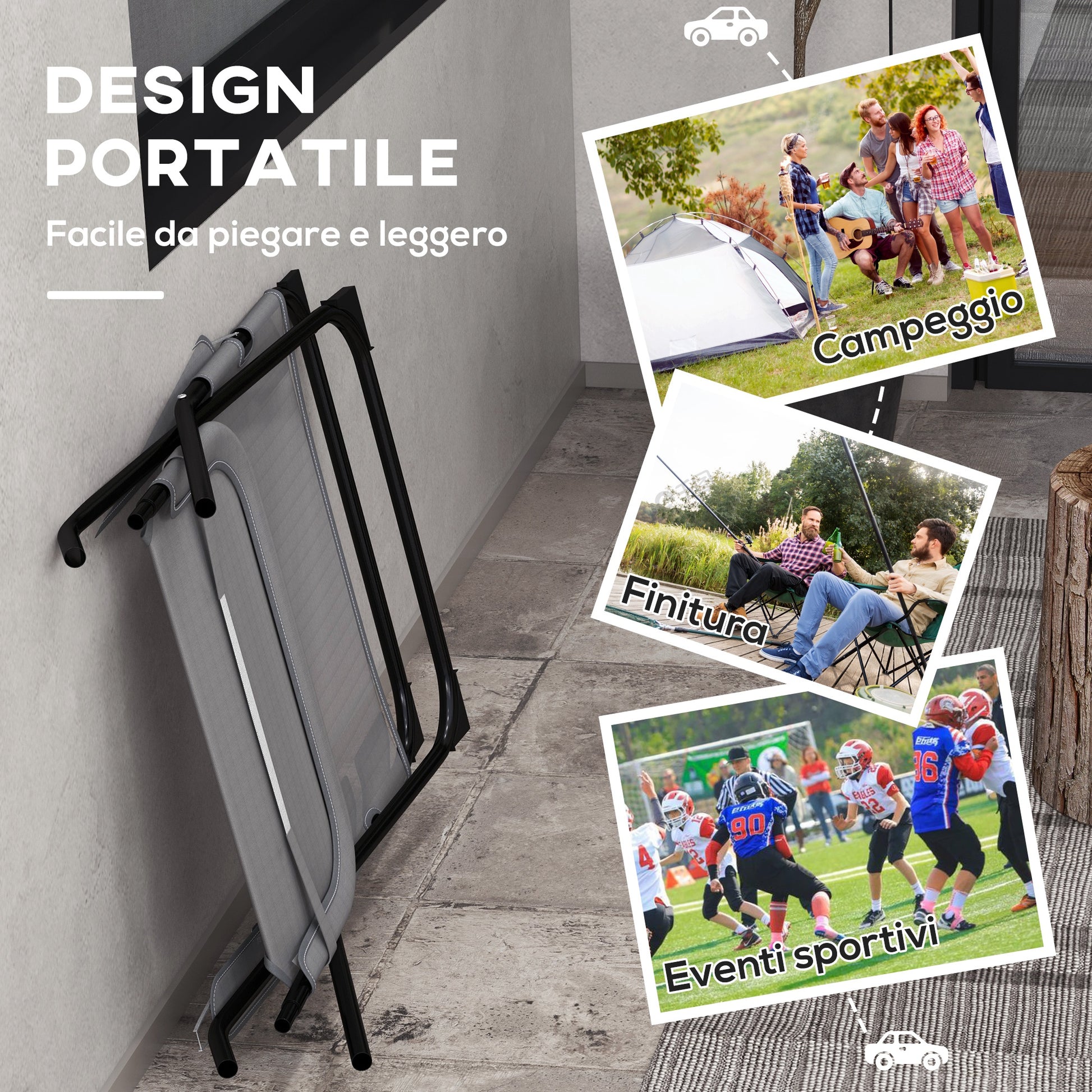 Reclining Garden Chair on 4 Levels with Headrest and Armrests, Folding Metal and Polyester Chair of 120kg max, 69x91x96 cm, Black and Gray