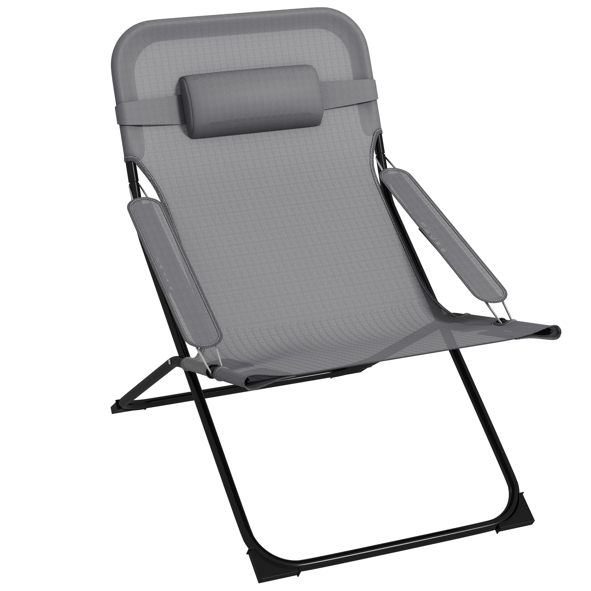 Reclining Garden Chair on 4 Levels with Headrest and Armrests, Folding Metal and Polyester Chair of 120kg max, 69x91x96 cm, Black and Gray
