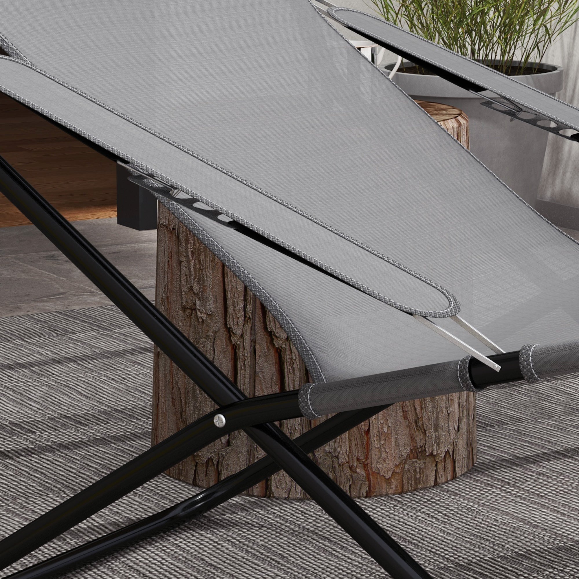 Reclining Garden Chair on 4 Levels with Headrest and Armrests, Folding Metal and Polyester Chair of 120kg max, 69x91x96 cm, Black and Gray