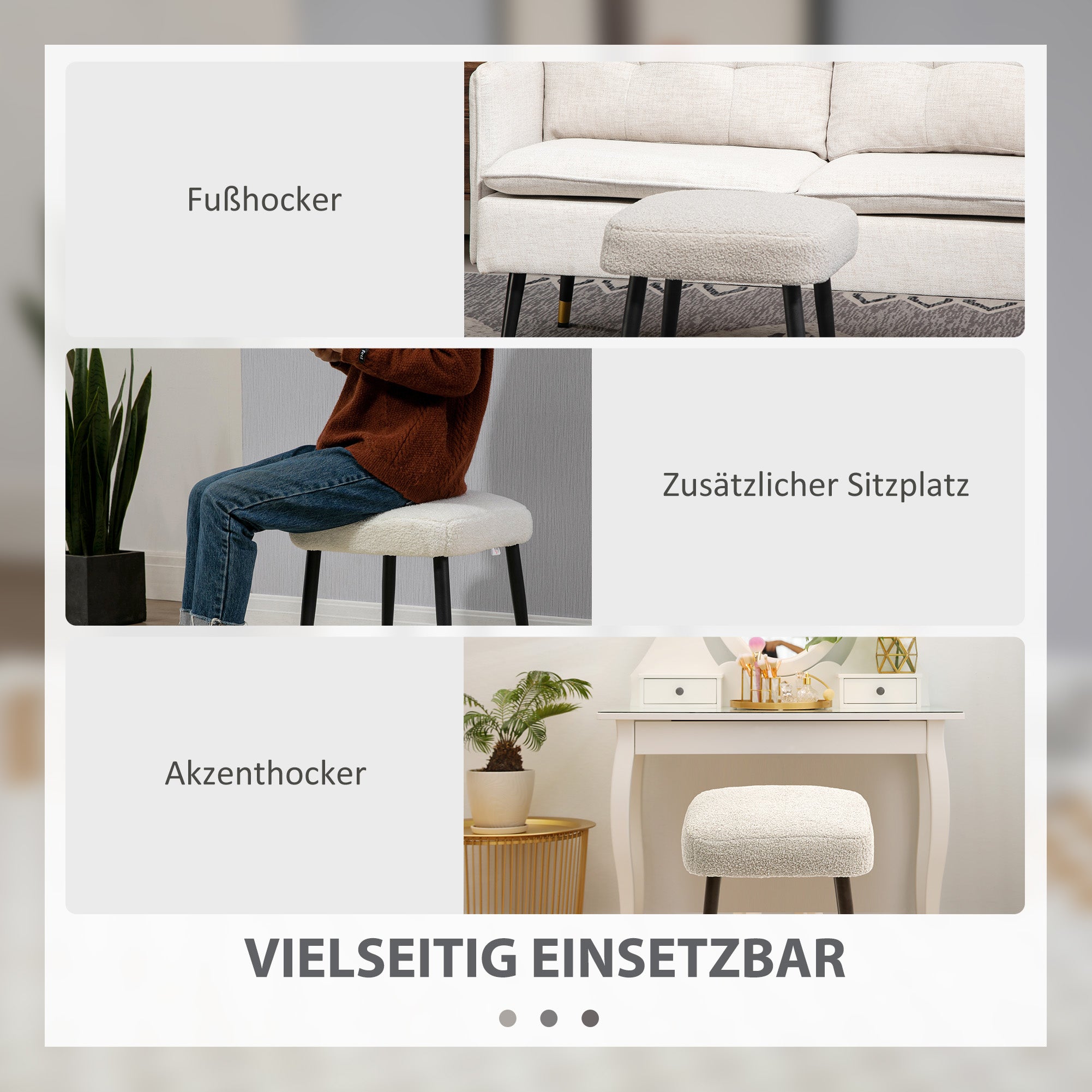 Footstool Sitting Stool Square Vanity Stool Footrest with Cashmere Look, Steel Legs, for Living Room, Bedroom, Light Gray, 42 x 42 x 47 cm