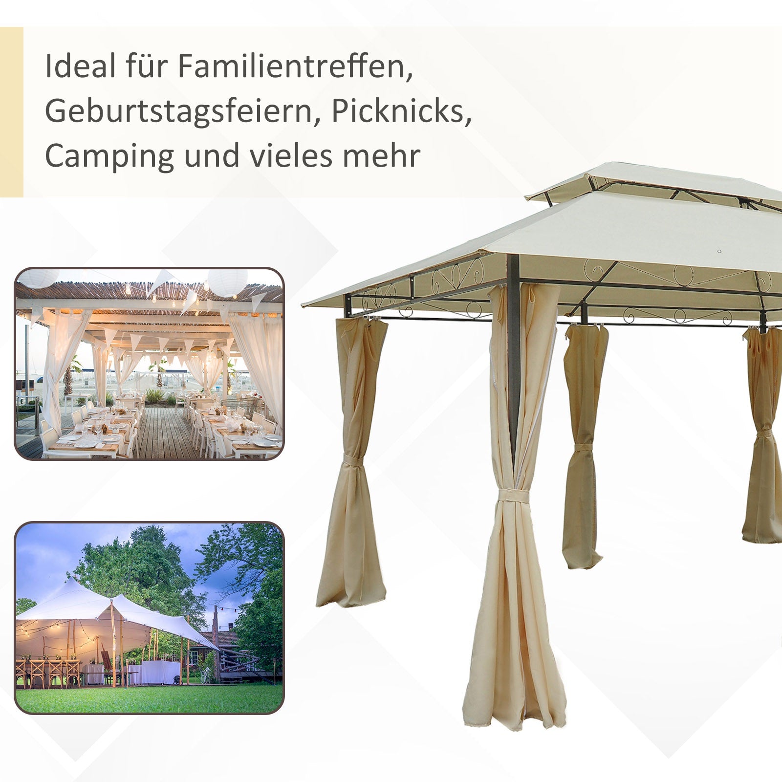 Pavilion 3x4m Garden Pavilion with 6 Side Panels Party Tent Gazebo Event Tent with Double Roof Beige+Dark Gray