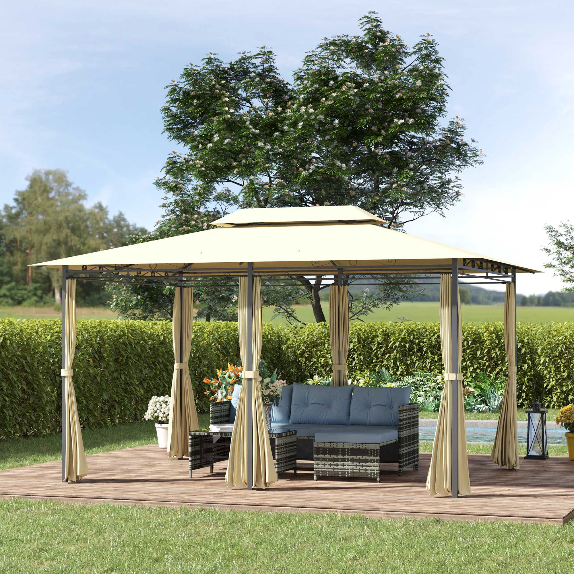 Pavilion 3x4m Garden Pavilion with 6 Side Panels Party Tent Gazebo Event Tent with Double Roof Beige+Dark Gray