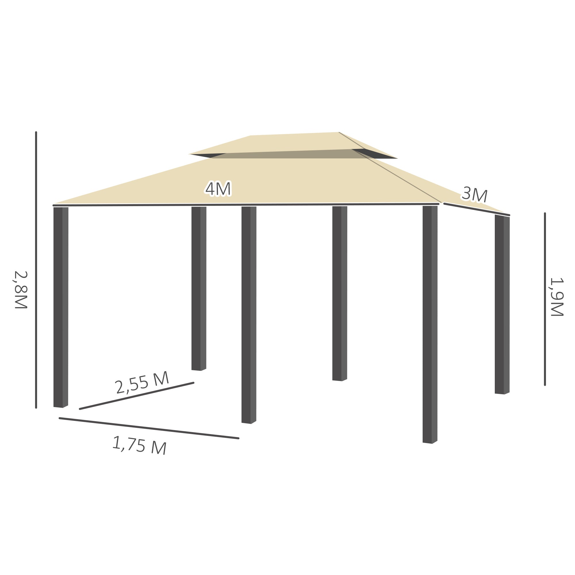 Pavilion 3x4m Garden Pavilion with 6 Side Panels Party Tent Gazebo Event Tent with Double Roof Beige+Dark Gray