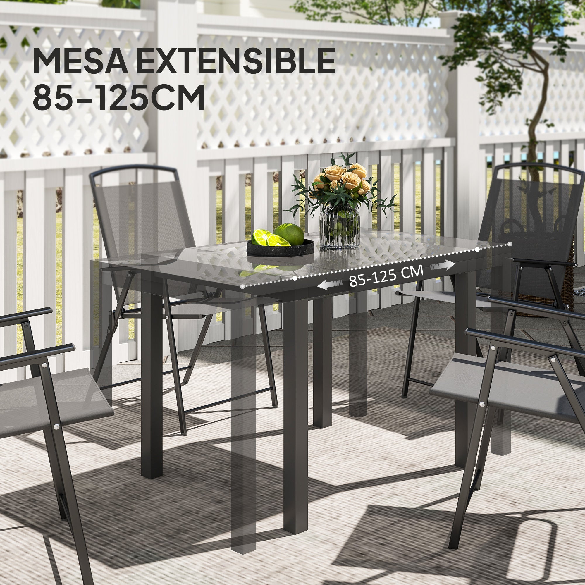 Extensible Garden Table Outdoor Dining Table Adjustable 85-125 cm with Aluminum Edge Load 70 kg Rectangular Table for 4-6 People for Patio Terrace Dark Gray