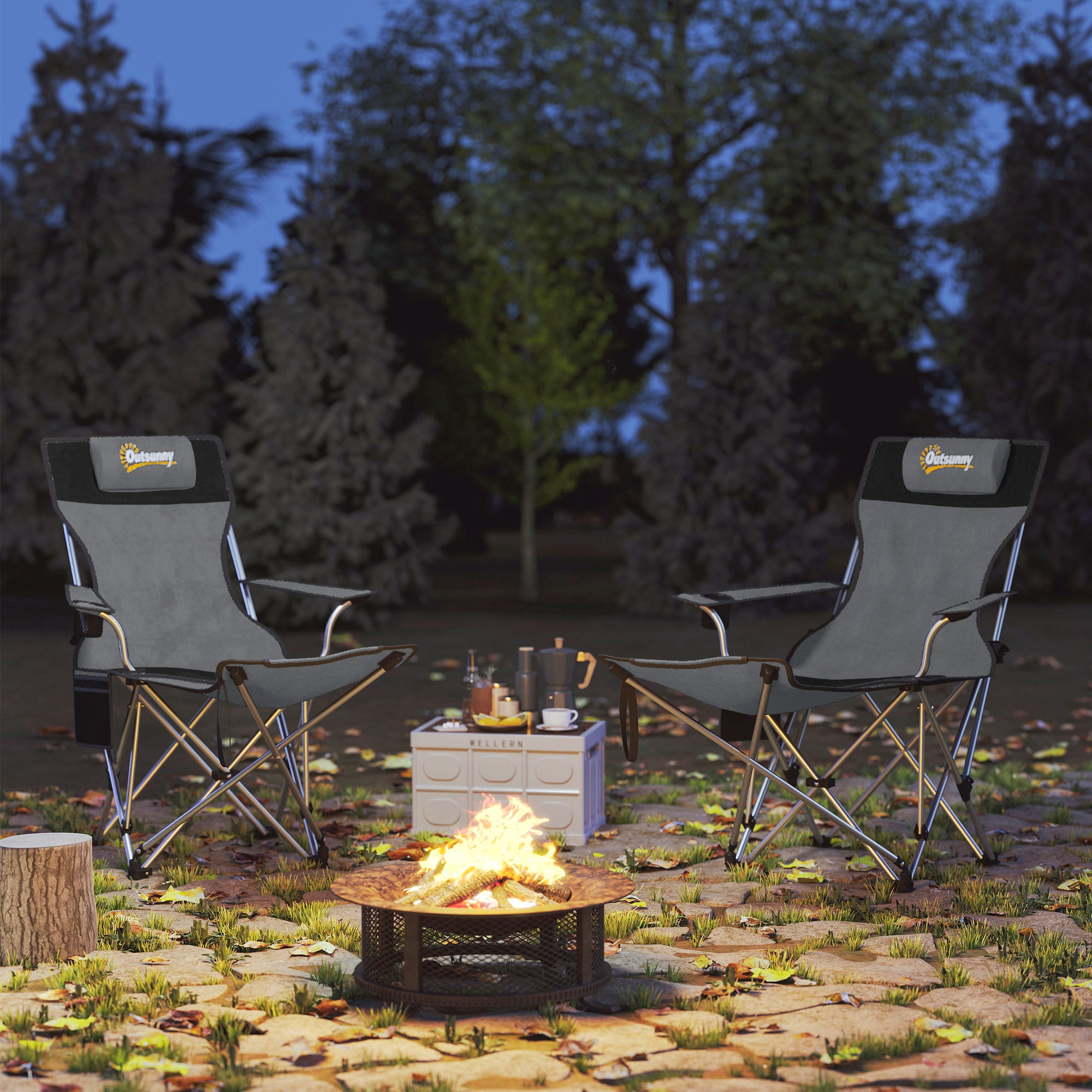 Set of 2 Folding Camping Chairs Portable Camping Loungers with Detachable Footrest Padded Headrest Cupholder and Side Bag 120 kg Load Capacity for Garden Beach Fishing Gray and Black