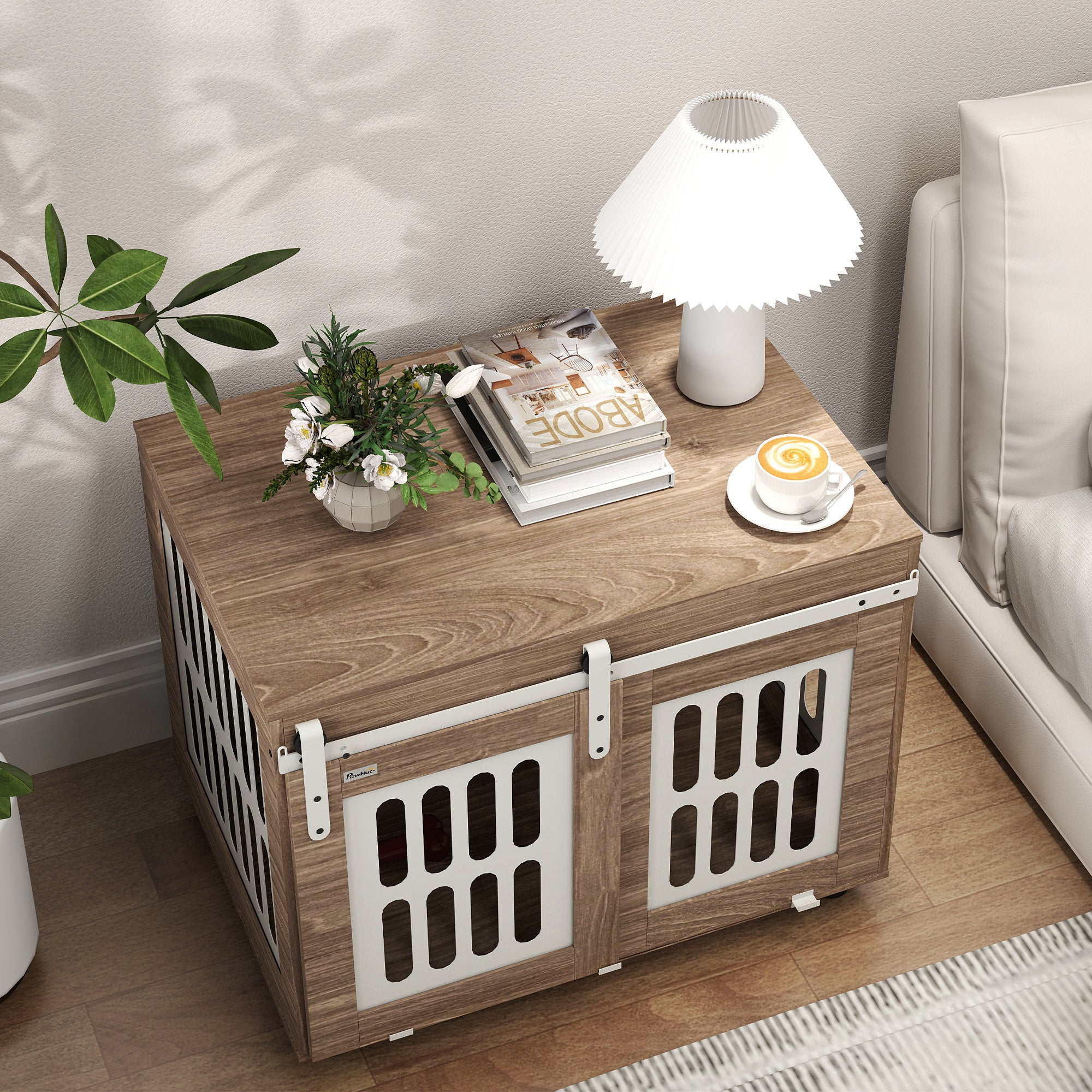 Walnut Dog Crate Furniture with Sliding Door, Medium-Sized Dog House, Good Ventilation, Side Table with Adjustable Feet, 80 x 59 x 63 cm