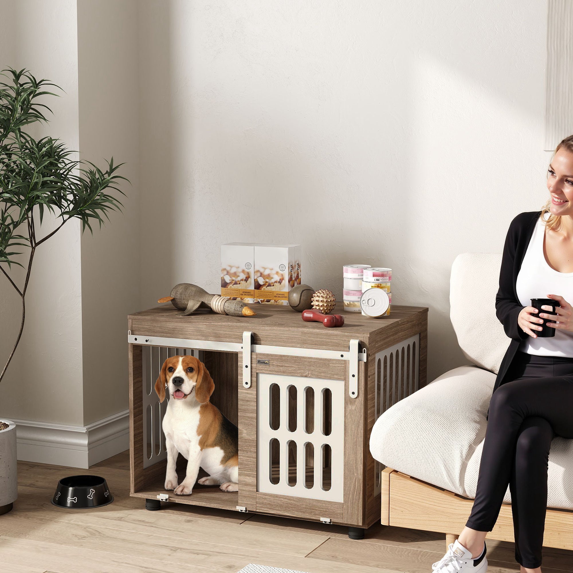 Walnut Dog Crate Furniture with Sliding Door, Medium-Sized Dog House, Good Ventilation, Side Table with Adjustable Feet, 80 x 59 x 63 cm