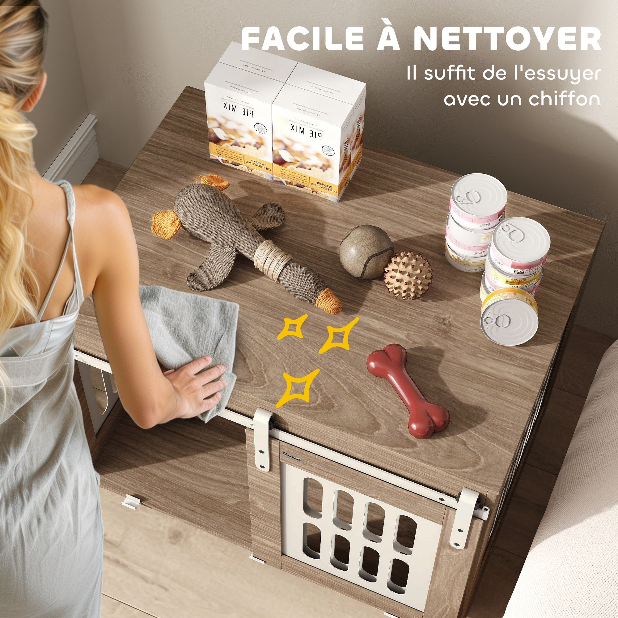 Walnut Dog Crate Furniture with Sliding Door, Medium-Sized Dog House, Good Ventilation, Side Table with Adjustable Feet, 80 x 59 x 63 cm