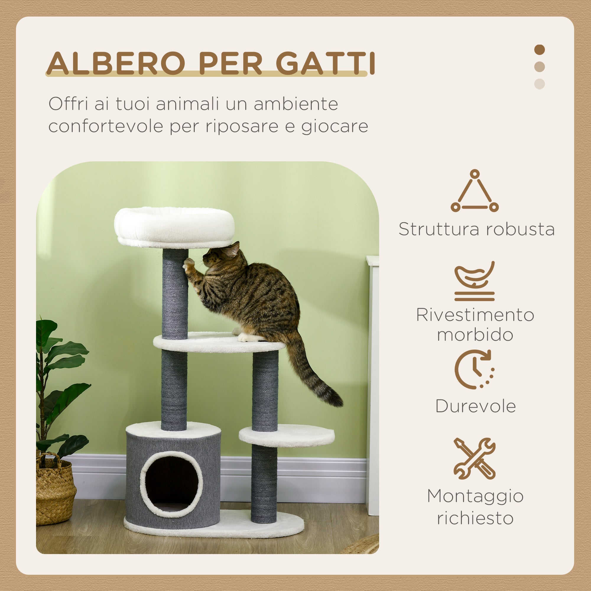 Cat Tree with Lounge, House, and Scratching Post, 55.5x30.5x98 cm, White