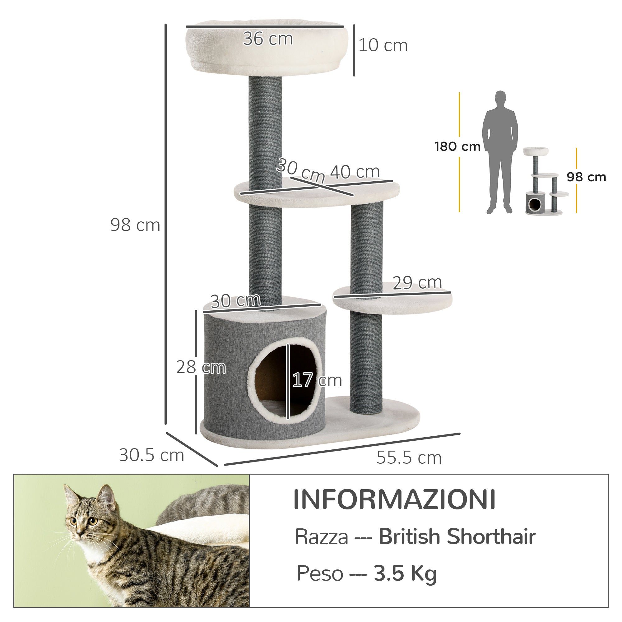 Cat Tree with Lounge, House, and Scratching Post, 55.5x30.5x98 cm, White