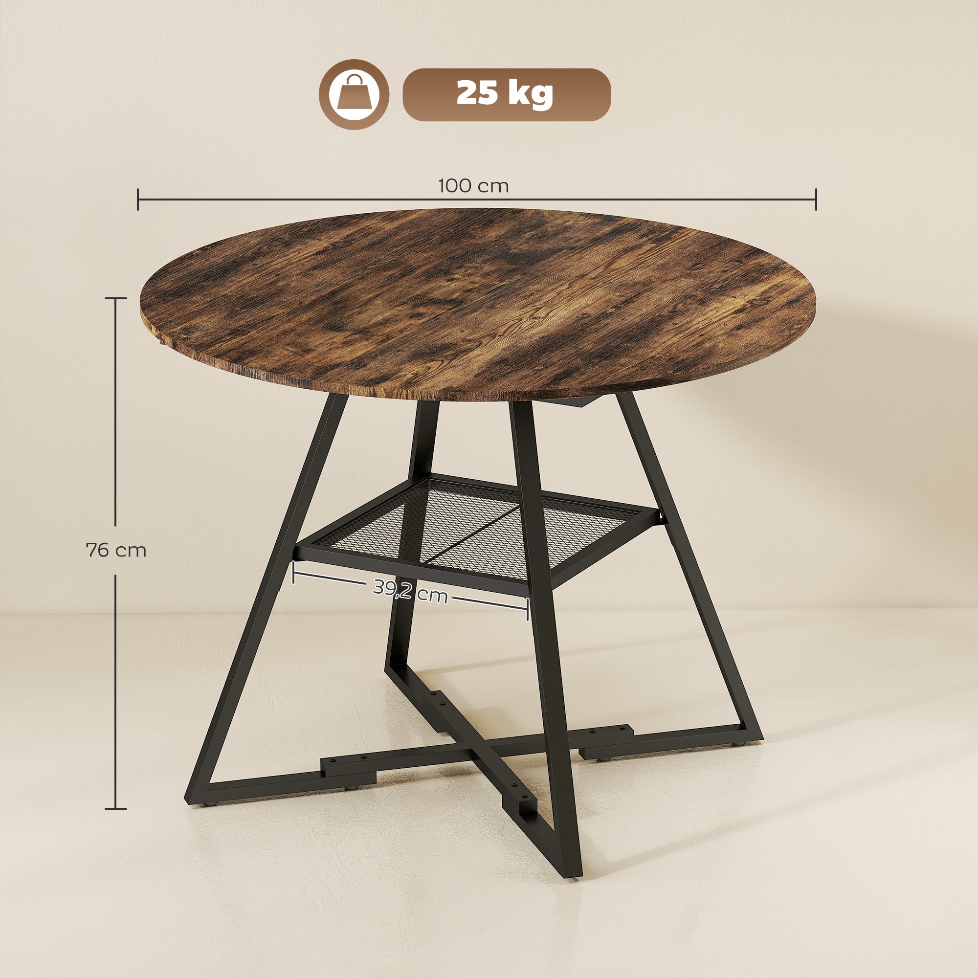 Round Dining Table for 4, 39.4" x 29.9", Industrial Kitchen Table with Large Top and Storage Shelf, Metal Frame, Rustic Brown