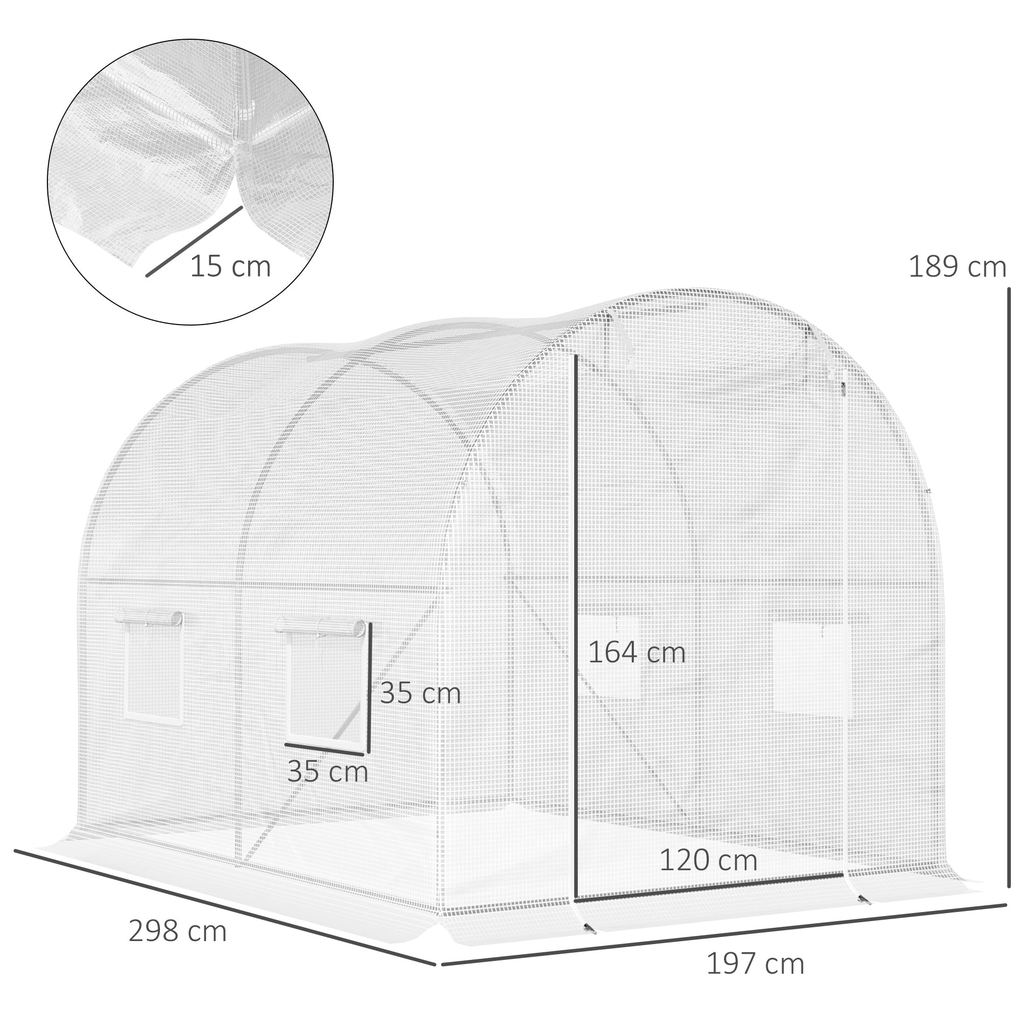 Garden Tunnel Greenhouse 6 m² 3L x 2W x 1.9H m Reinforced Galvanized Steel diameter 2.4 cm + High-Density PE Windows Door White