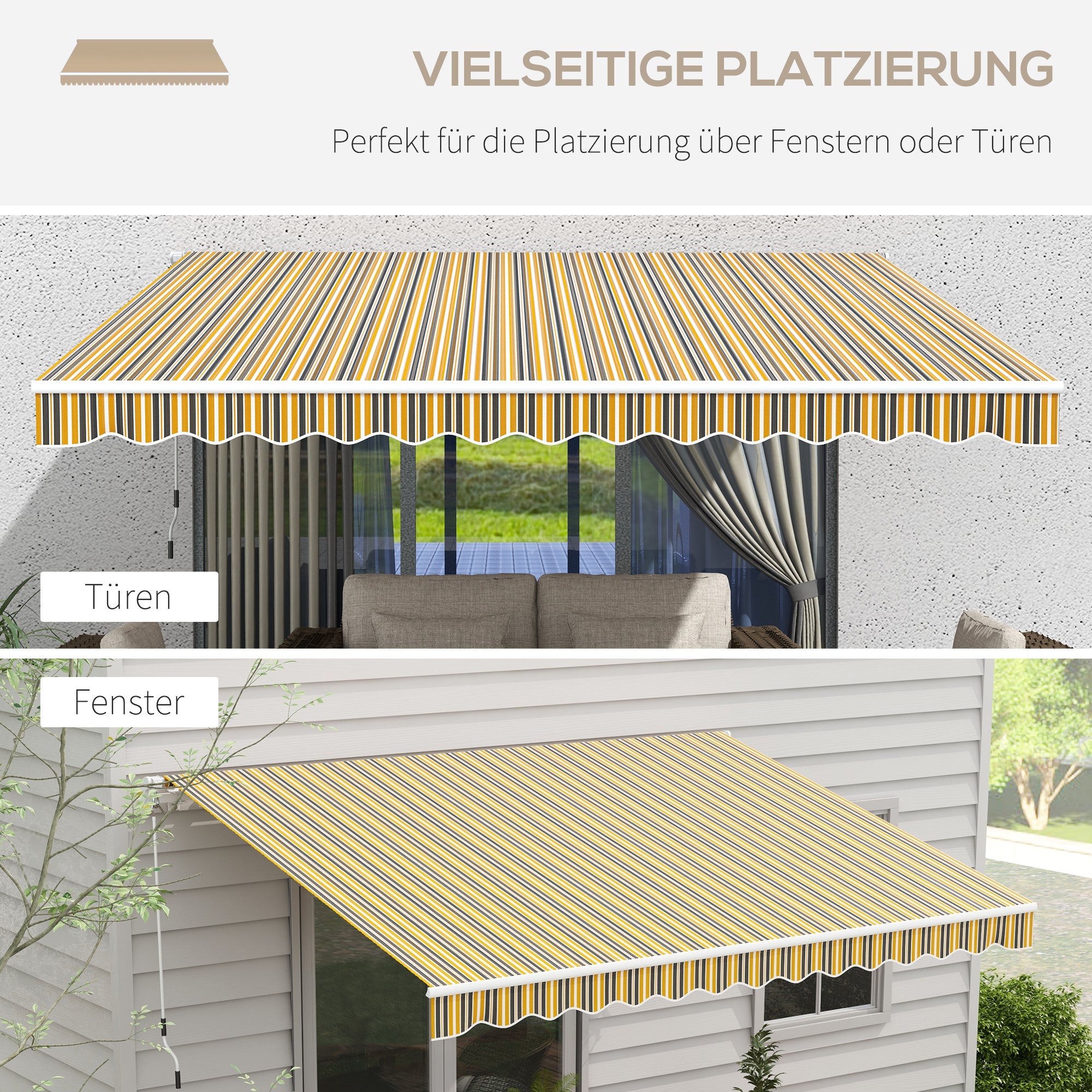 Retractable Awning with Hand Crank 3.5 x 2.5m Yellow Gray Aluminum Polyester Sun Protection