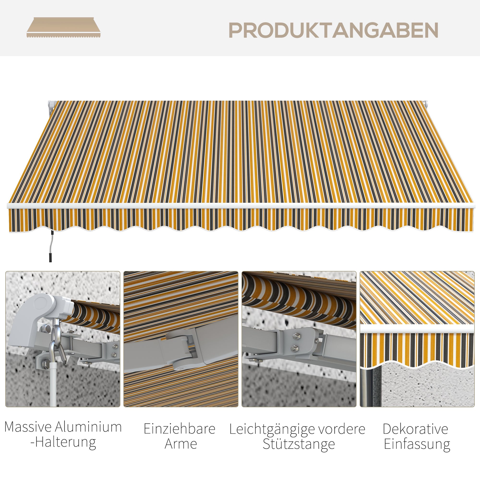 Retractable Awning with Hand Crank 3.5 x 2.5m Yellow Gray Aluminum Polyester Sun Protection