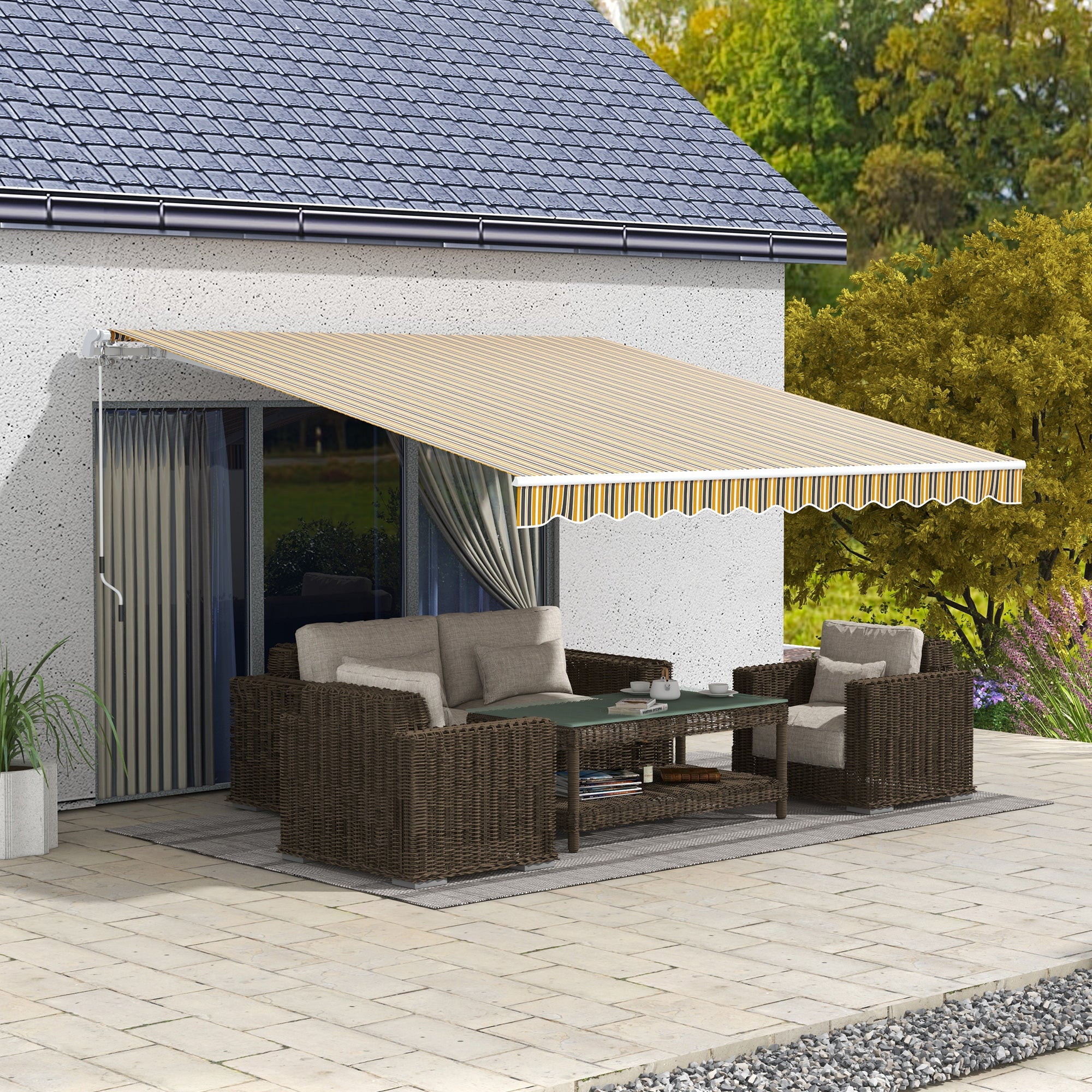 Retractable Awning with Hand Crank 3.5 x 2.5m Yellow Gray Aluminum Polyester Sun Protection