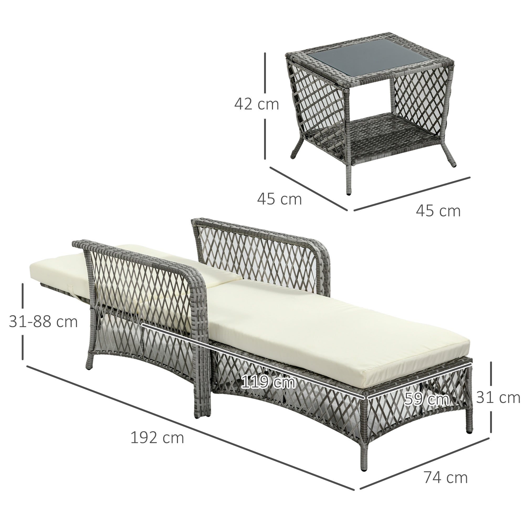 PE Rattan Sun Lounger and Coffee Table Set, Garden Sun Lounger Adjustable in 5 Positions and 2-Tiered Table, Cream White