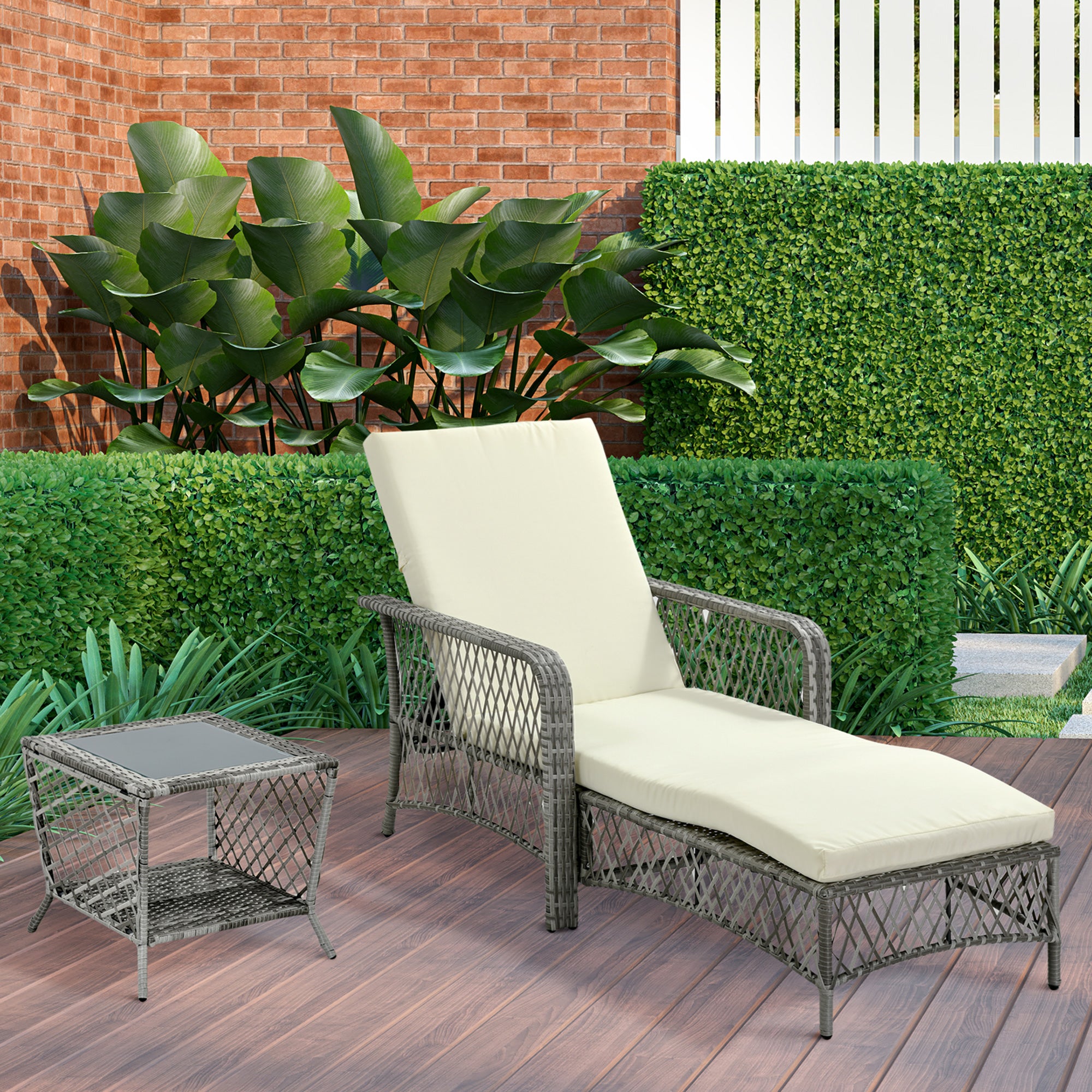 PE Rattan Sun Lounger and Coffee Table Set, Garden Sun Lounger Adjustable in 5 Positions and 2-Tiered Table, Cream White