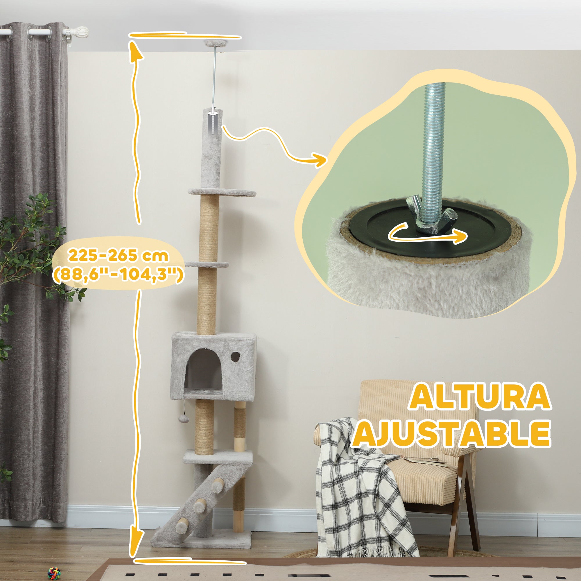 Floor to Ceiling Cat Tree 225-265 cm Adjustable Height Cat Scratching Tree with Multiple Platforms Ladder Hanging Ball Light Gray