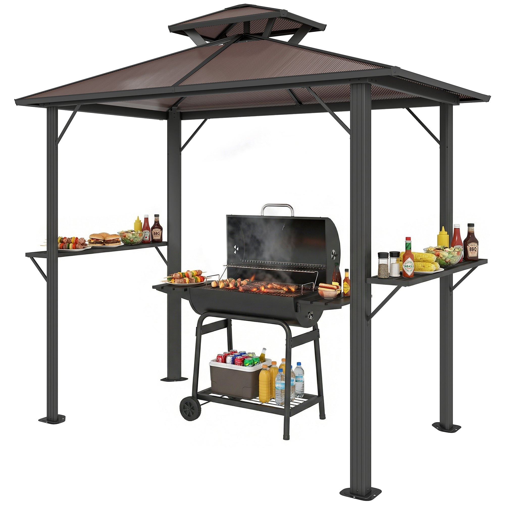 Grill Pavilion 2.5 x 1.5 m (approx. 8.2 x 4.9 ft) — Waterproof Double Polycarbonate Roof BBQ Canopy with Side Shelves, Aluminum Frame, UV-Resistant, Brown